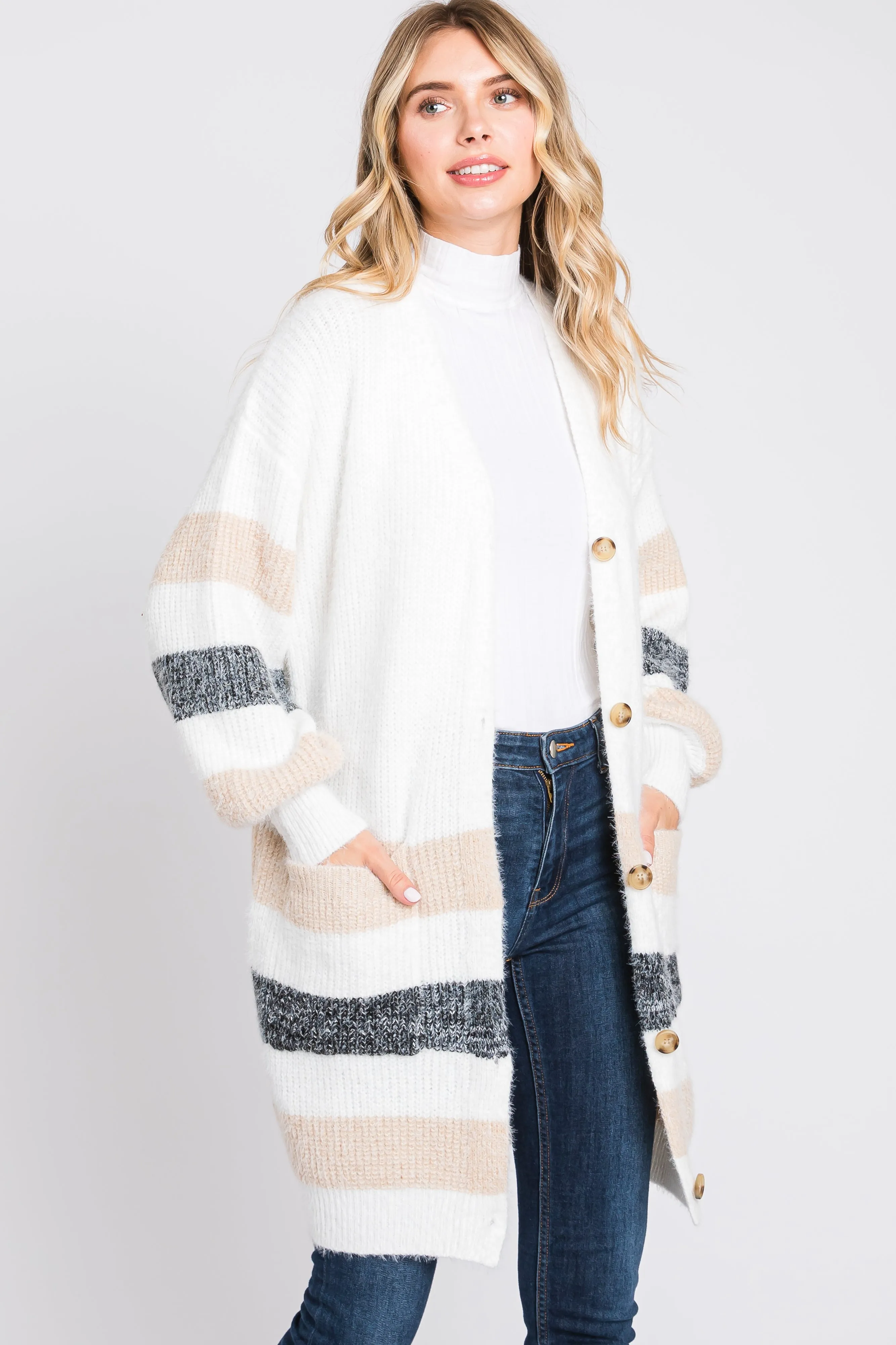 White Striped Eyelash Knit Button Front Cardigan sold by Pinkblush