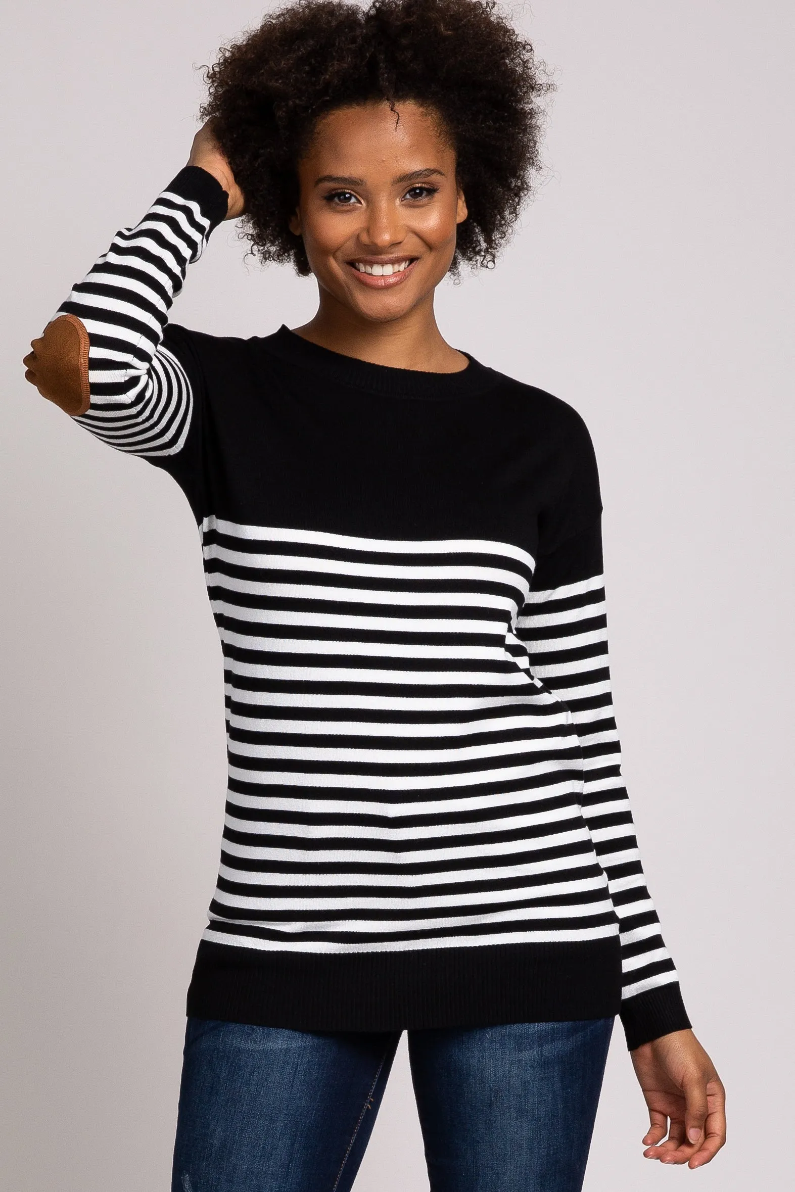 PinkBlush Black Striped Elbow Patch Knit Maternity Sweater sold by Pinkblush product image thumbnail 5