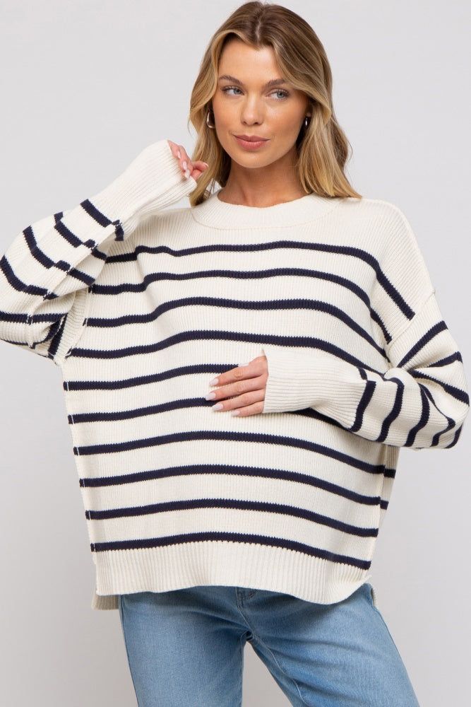 Cream Striped Long Sleeve Knit Maternity Sweater sold by Pinkblush
