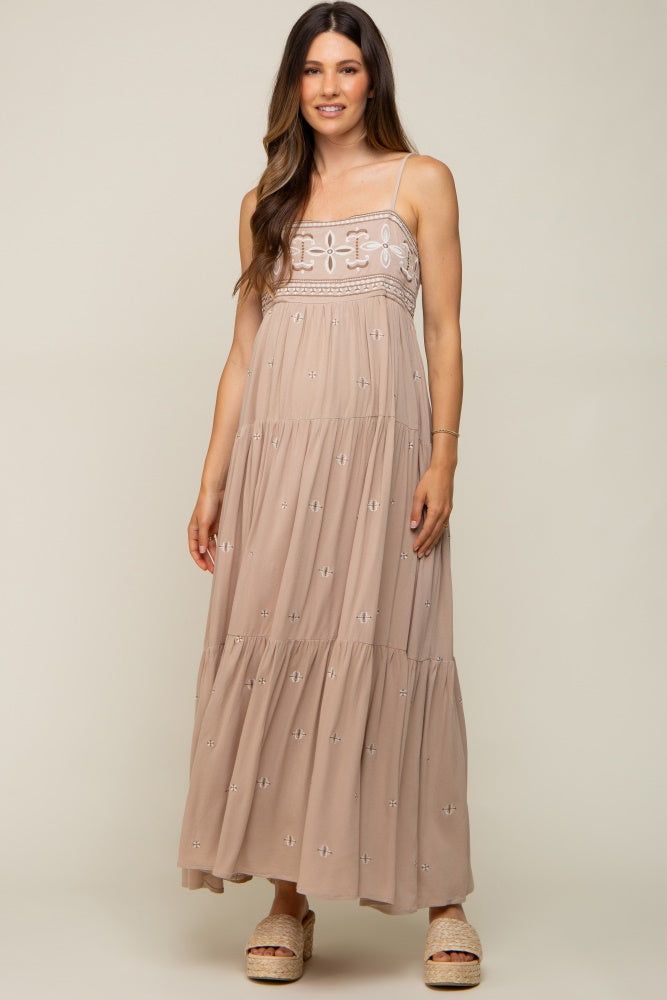 Light Mocha Floral Embroidered Tiered Maternity Maxi Dress sold by Pinkblush product image thumbnail 5