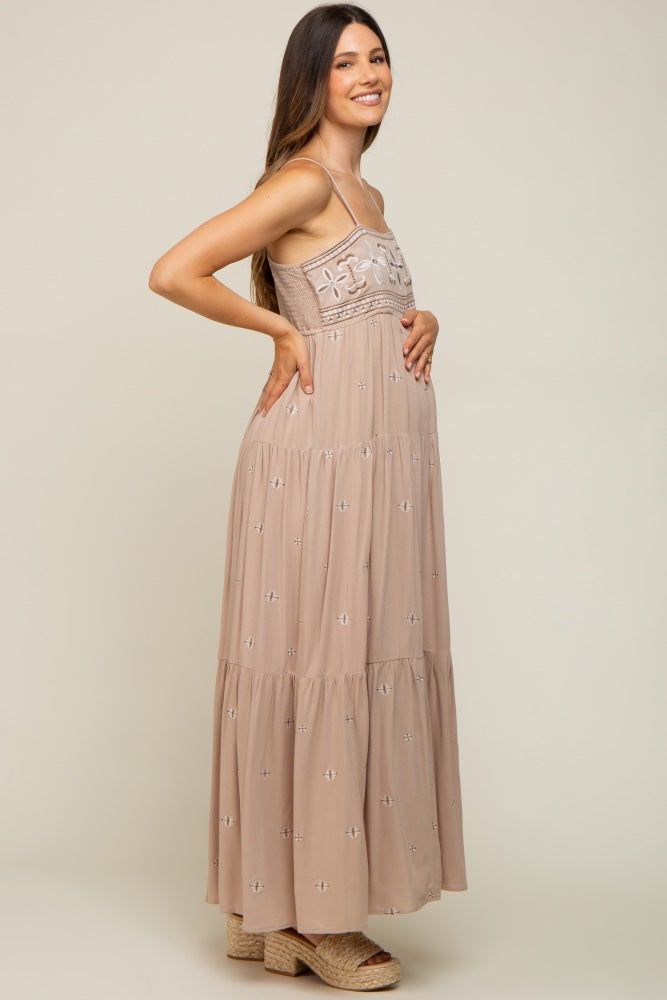 Light Mocha Floral Embroidered Tiered Maternity Maxi Dress sold by Pinkblush product image thumbnail 2