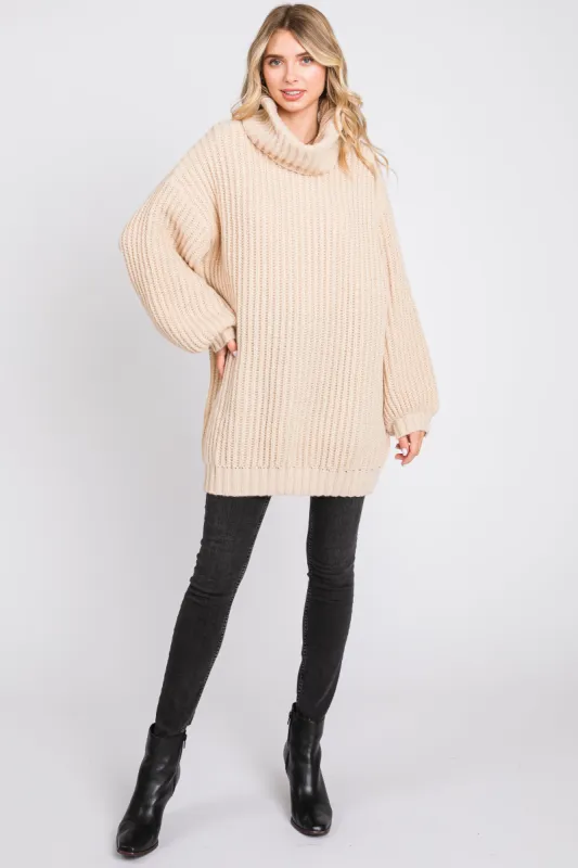 Cream Turtleneck Puff Sleeve Sweater Dress sold by Pinkblush