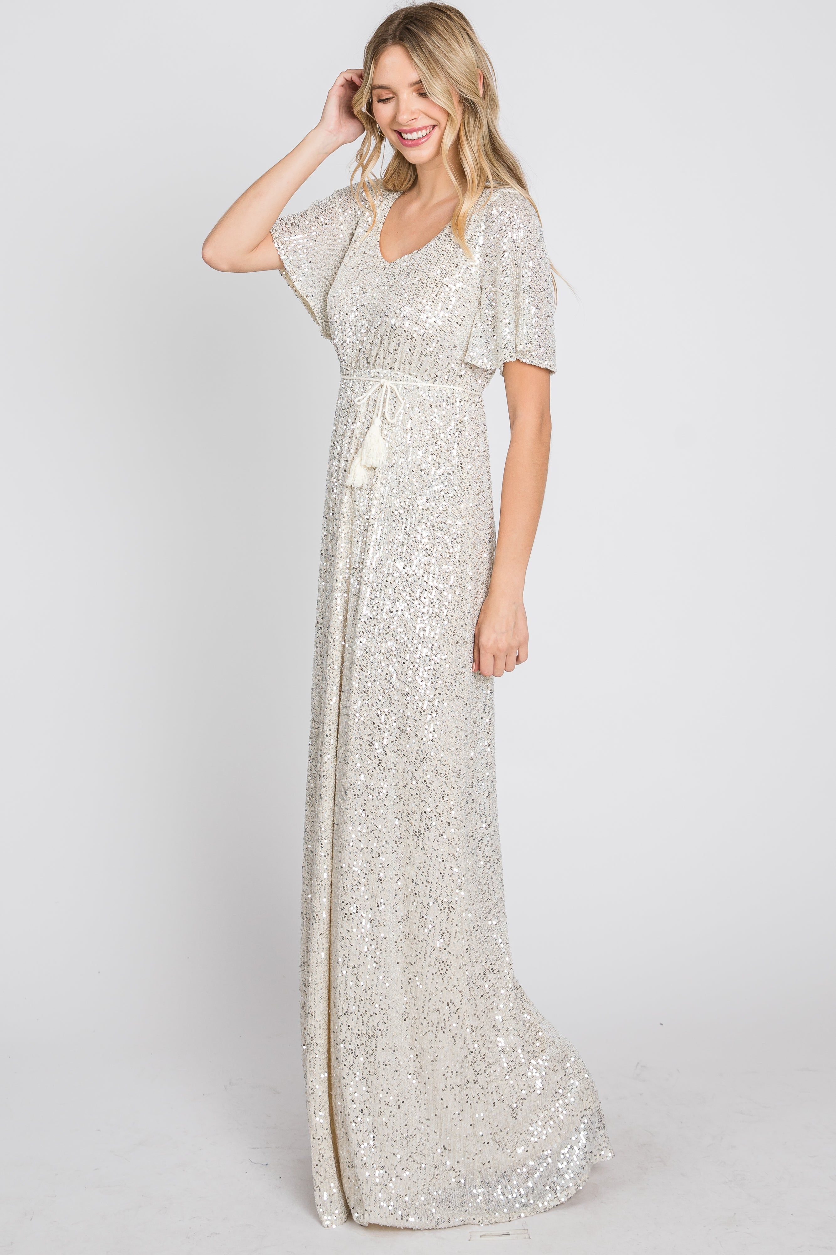 Cream Sequin Short Sleeve Maxi Dress sold by Pinkblush product image thumbnail 5