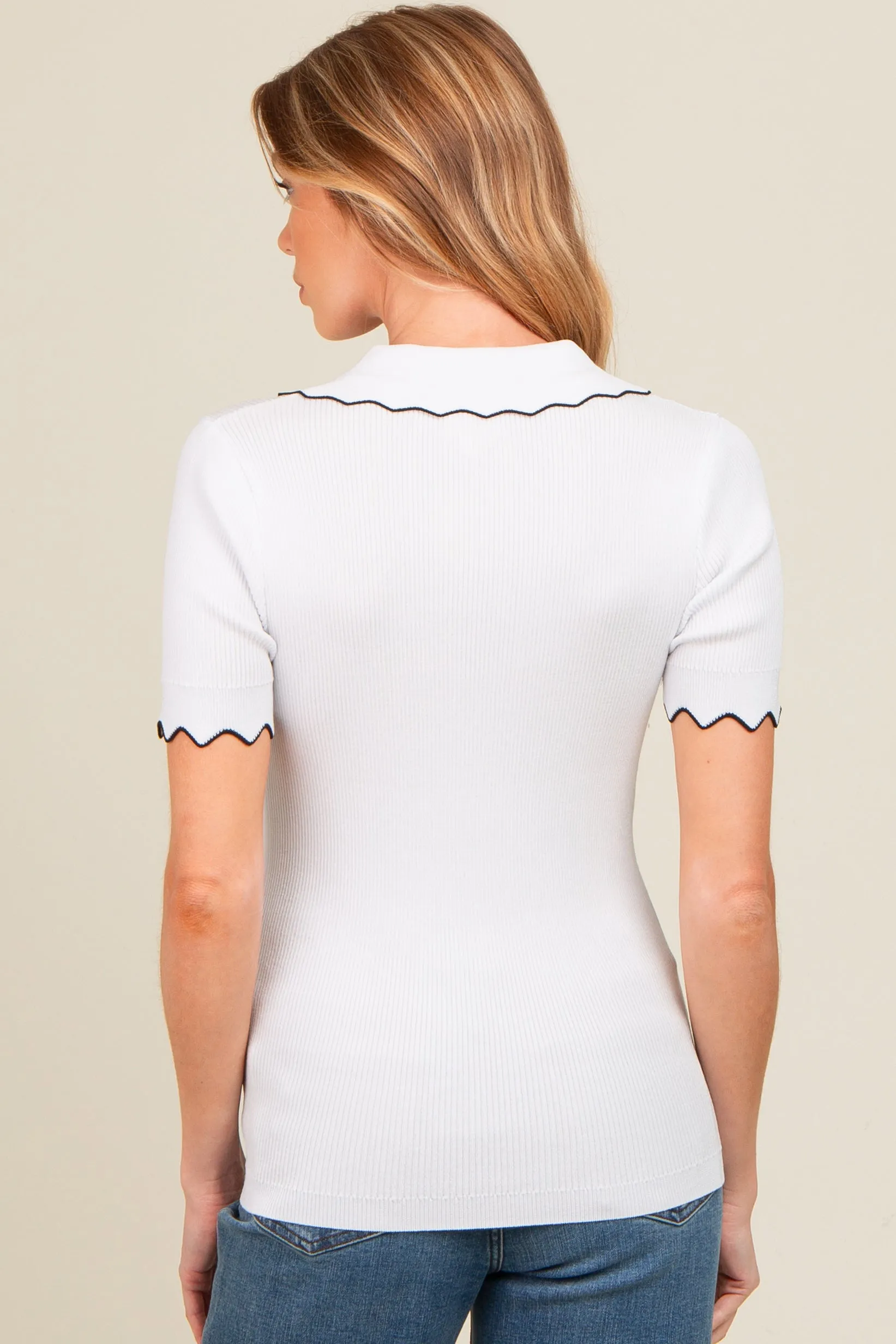 Ivory Ribbed Scallop Trim Split V-Neck Short Sleeve Maternity Top sold by Pinkblush product image thumbnail 3