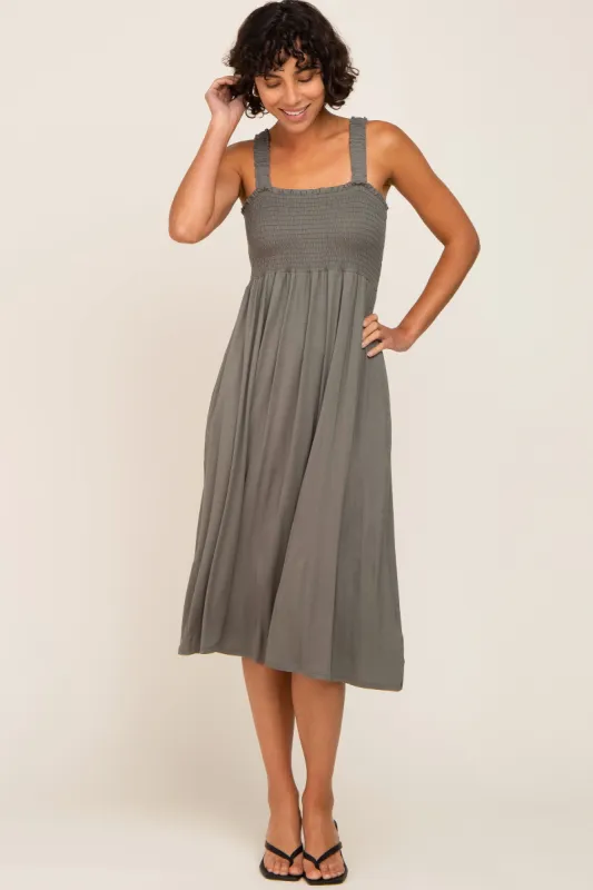 Olive Smocked Ruffle Strap Midi Dress sold by Pinkblush