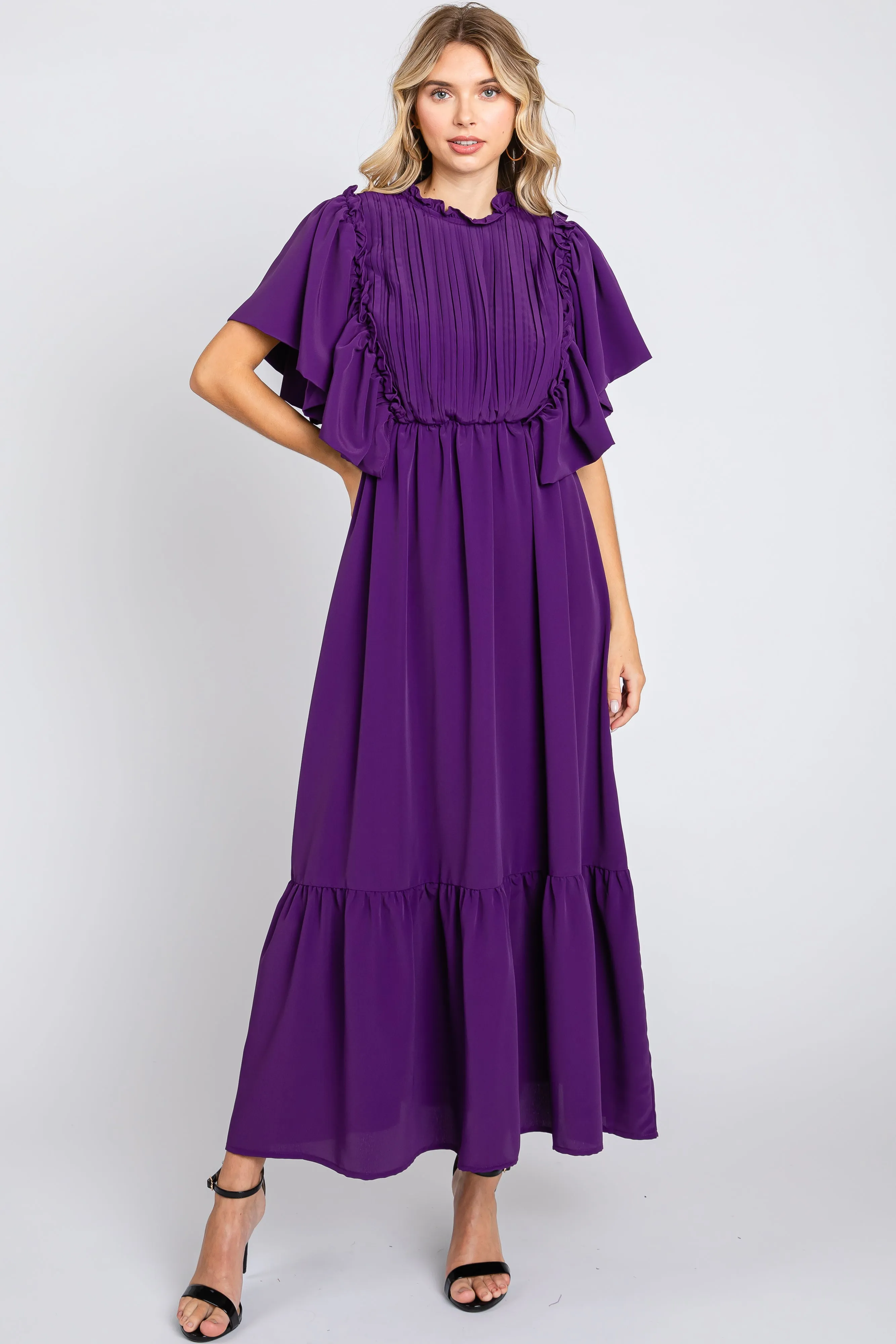 Purple Ruffle Pleated Maternity Maxi Dress sold by Pinkblush product image thumbnail 4