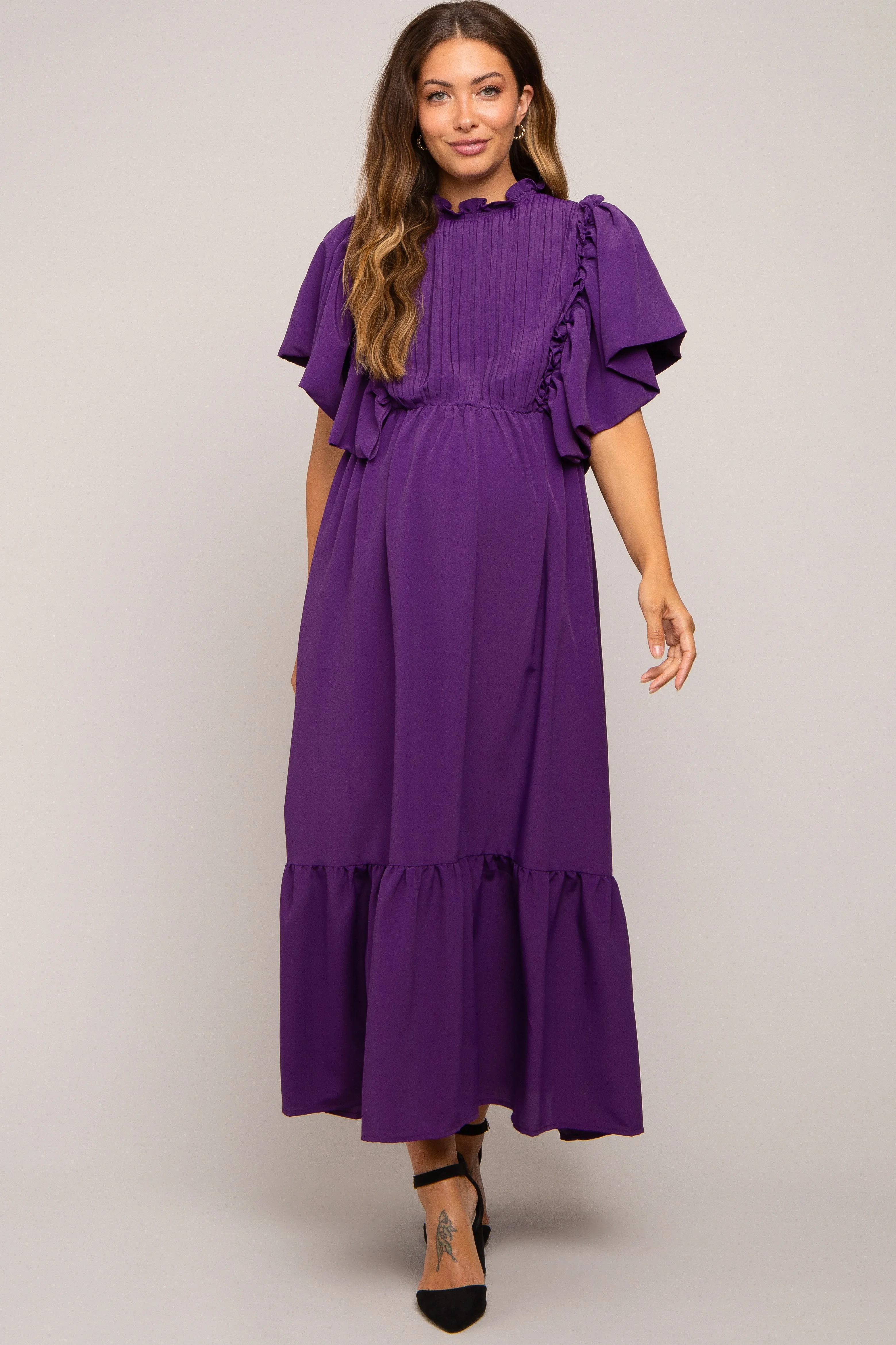 Purple Ruffle Pleated Maternity Maxi Dress sold by Pinkblush