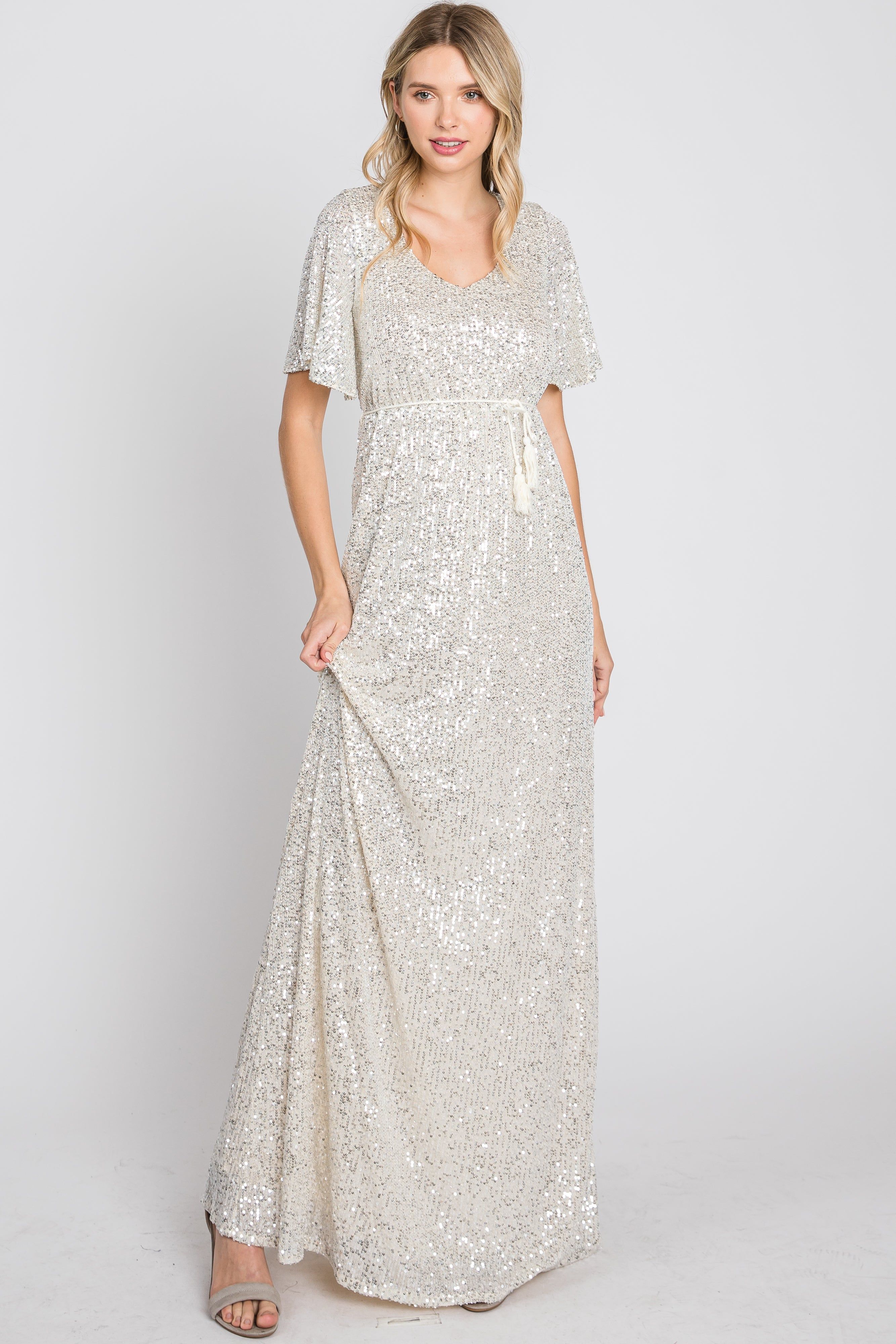 Cream Sequin Short Sleeve Maxi Dress sold by Pinkblush product image thumbnail 9