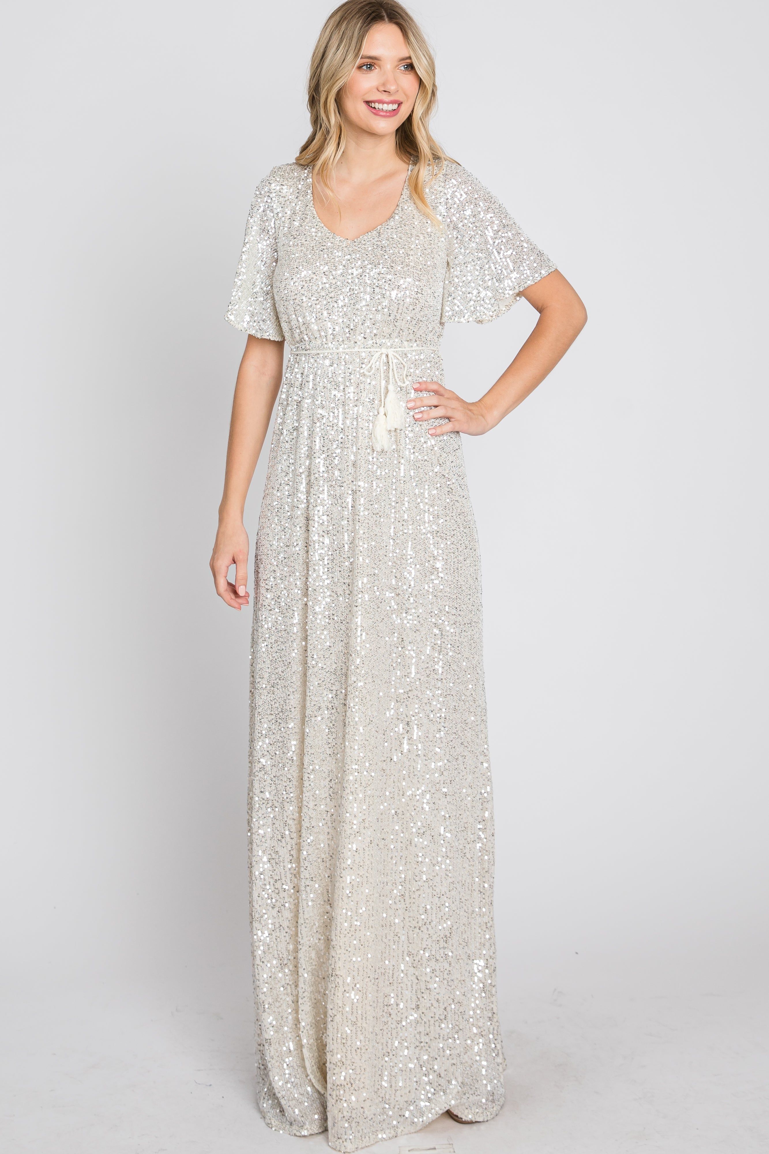 Cream Sequin Short Sleeve Maxi Dress sold by Pinkblush product image thumbnail 3