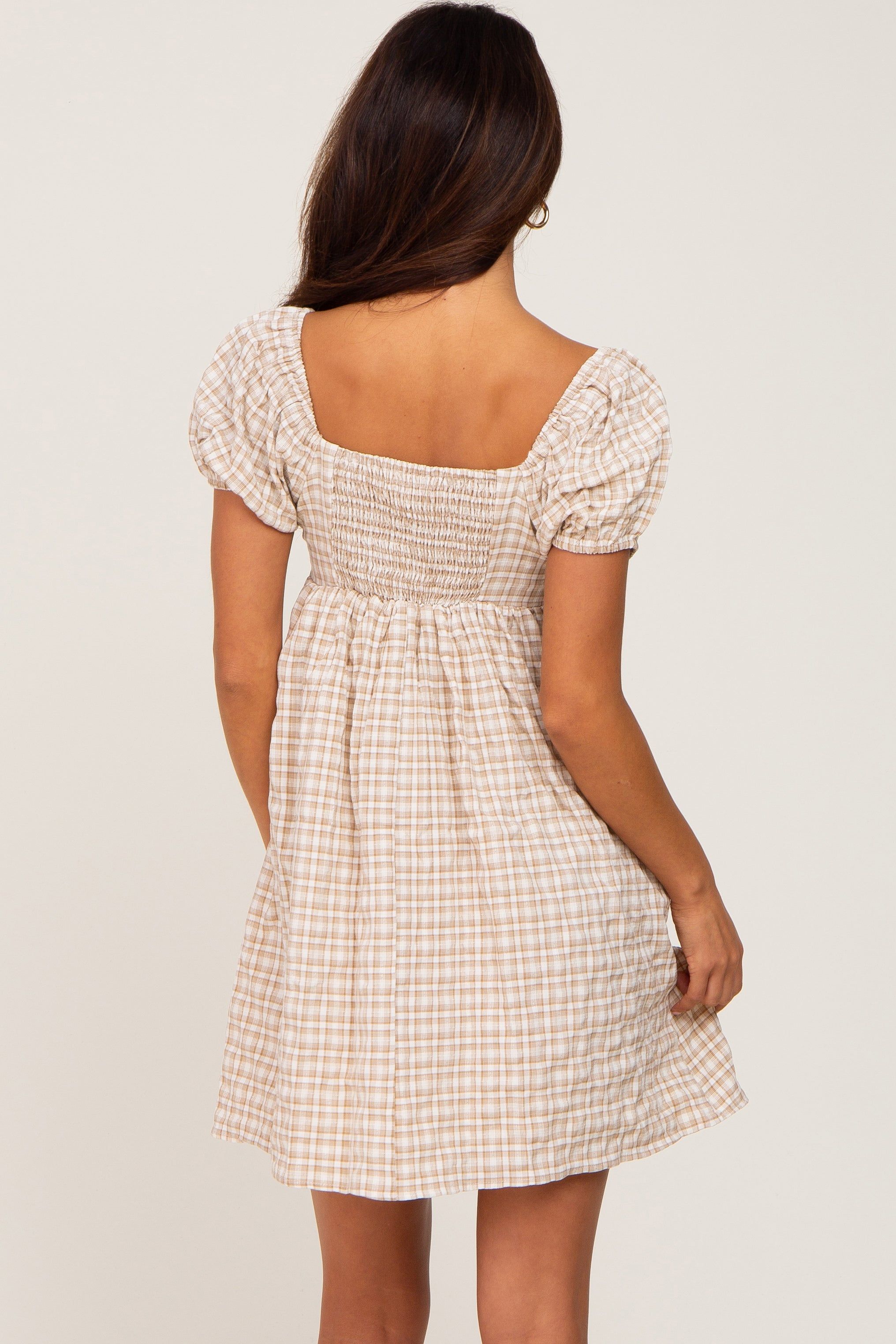 Light Brown Plaid Puff Sleeve Dress sold by Pinkblush product image thumbnail 3