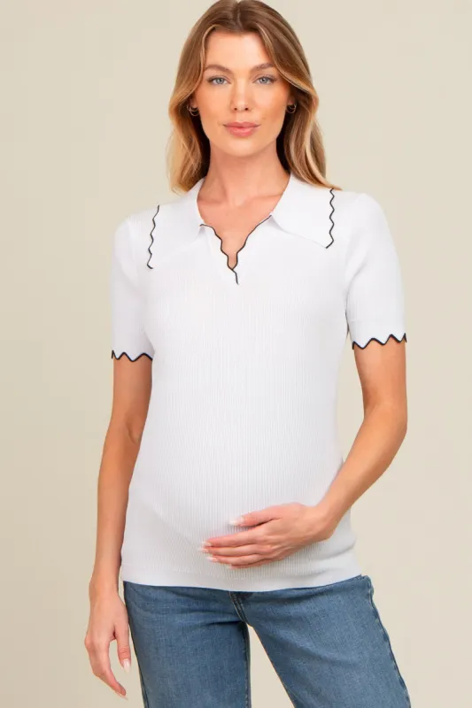 Ivory Ribbed Scallop Trim Split V-Neck Short Sleeve Maternity Top sold by Pinkblush