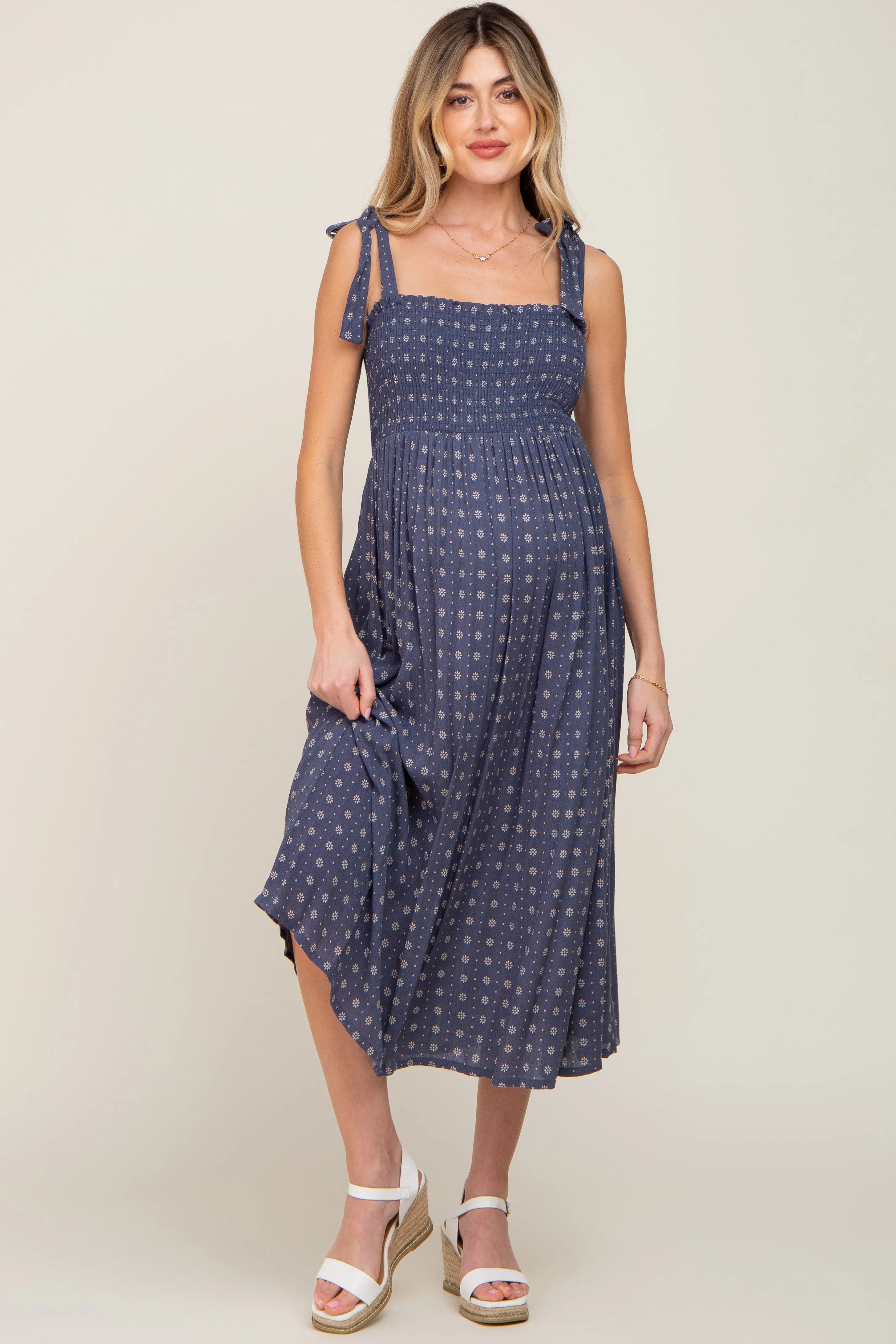 Navy Floral Sleeveless Maternity Midi Dress sold by Pinkblush product image thumbnail 4