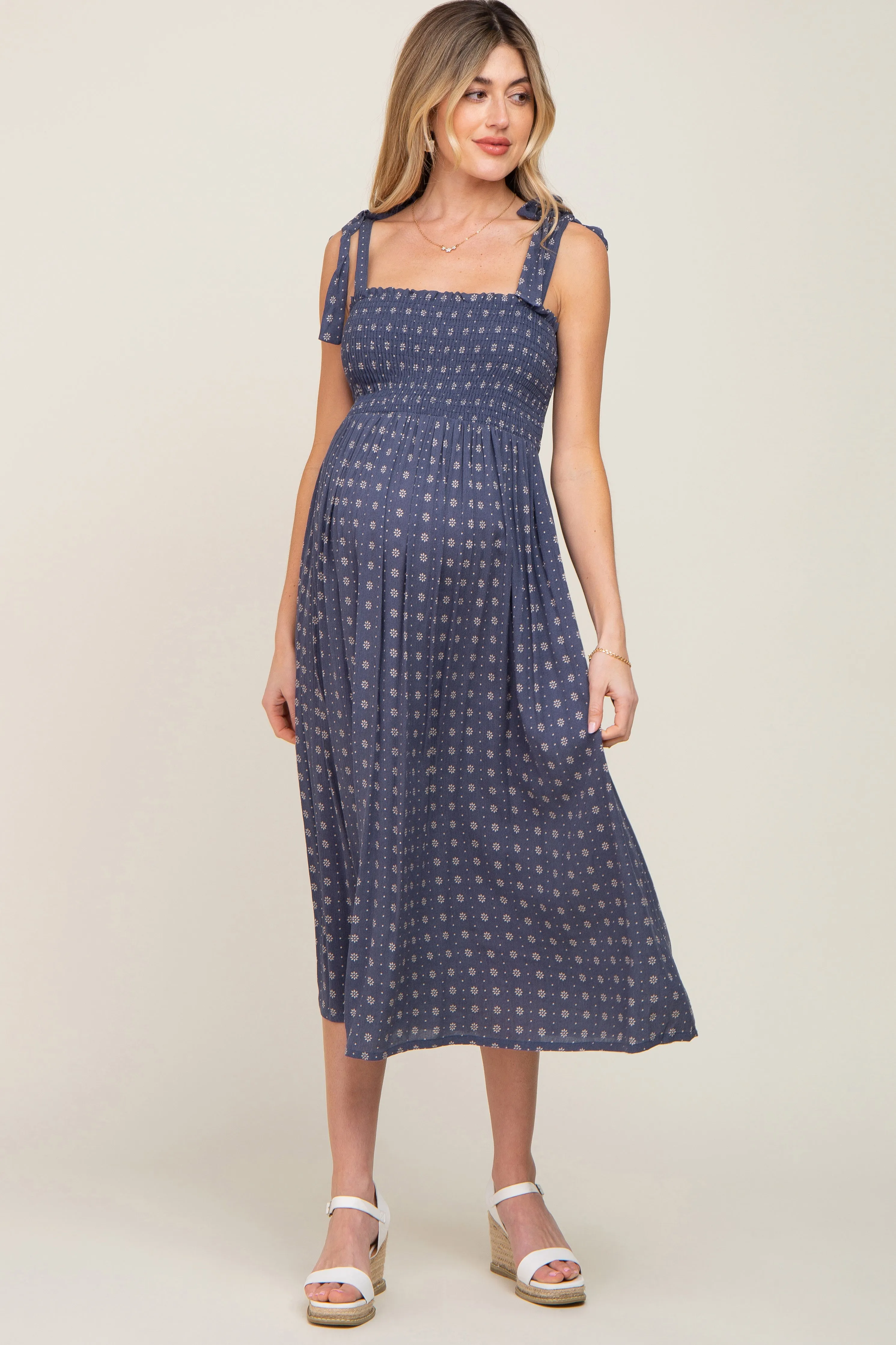 Navy Floral Sleeveless Maternity Midi Dress sold by Pinkblush