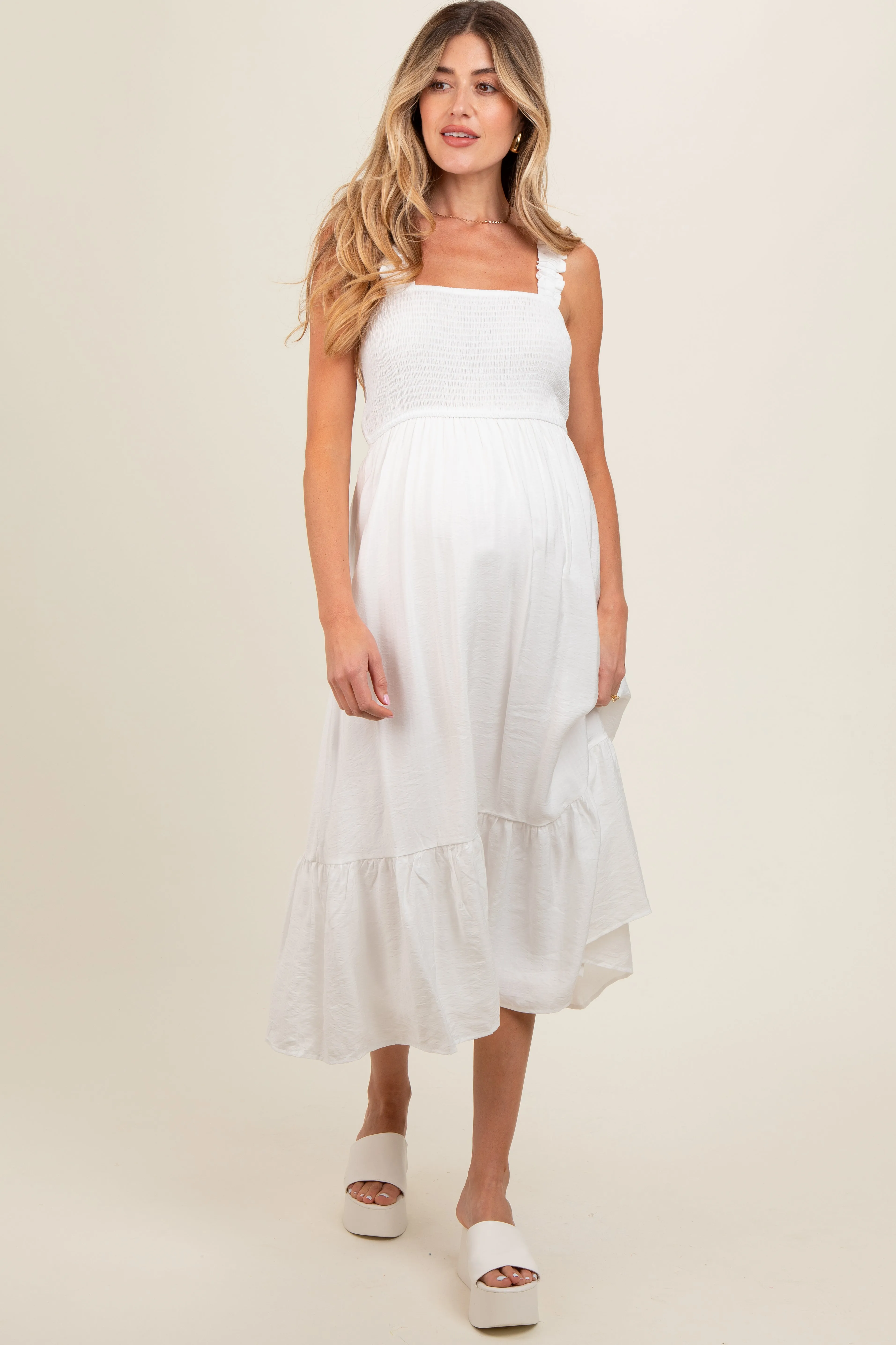 White Smocked Bodice Maternity Maxi Dress sold by Pinkblush