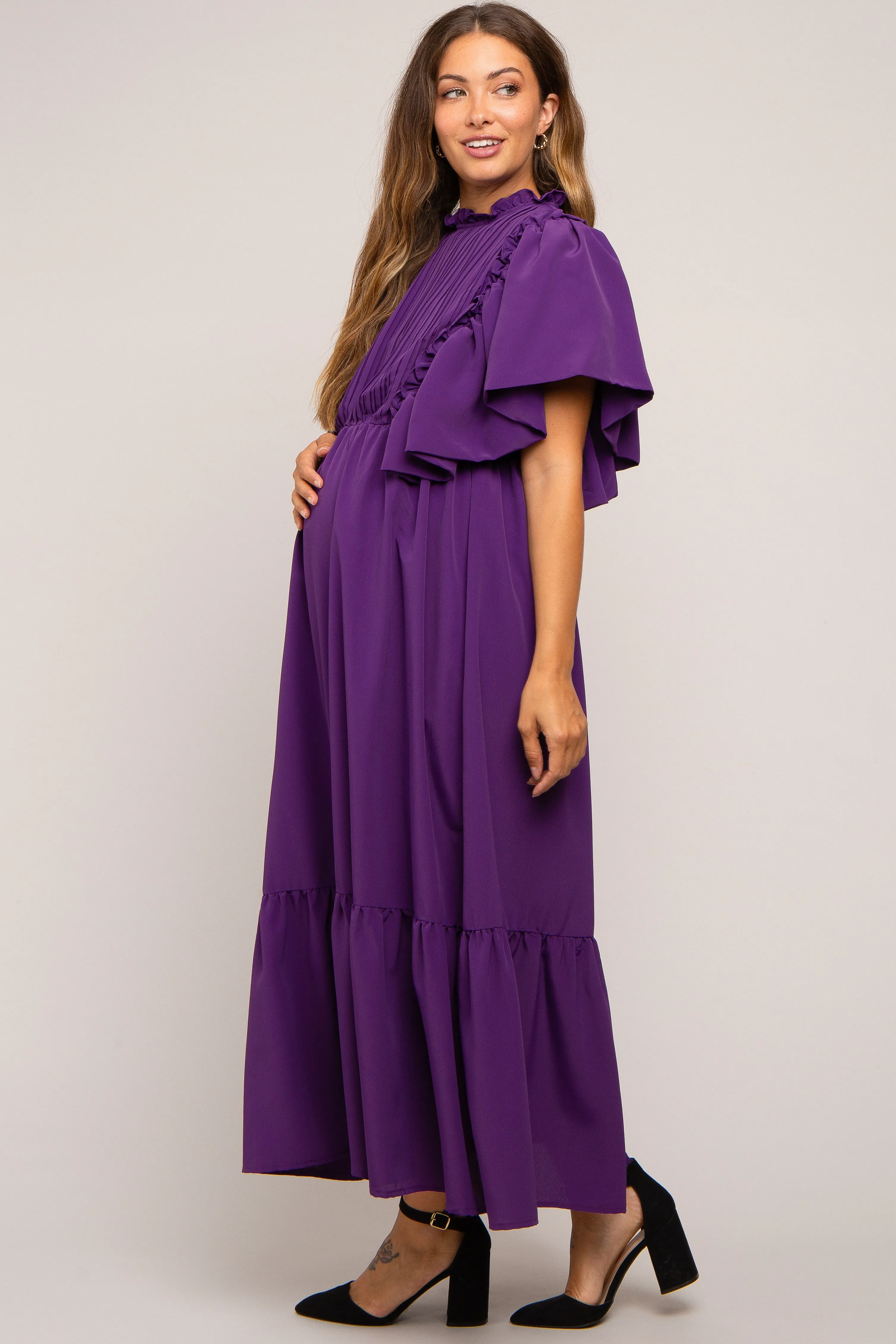 Purple Ruffle Pleated Maternity Maxi Dress sold by Pinkblush product image thumbnail 2