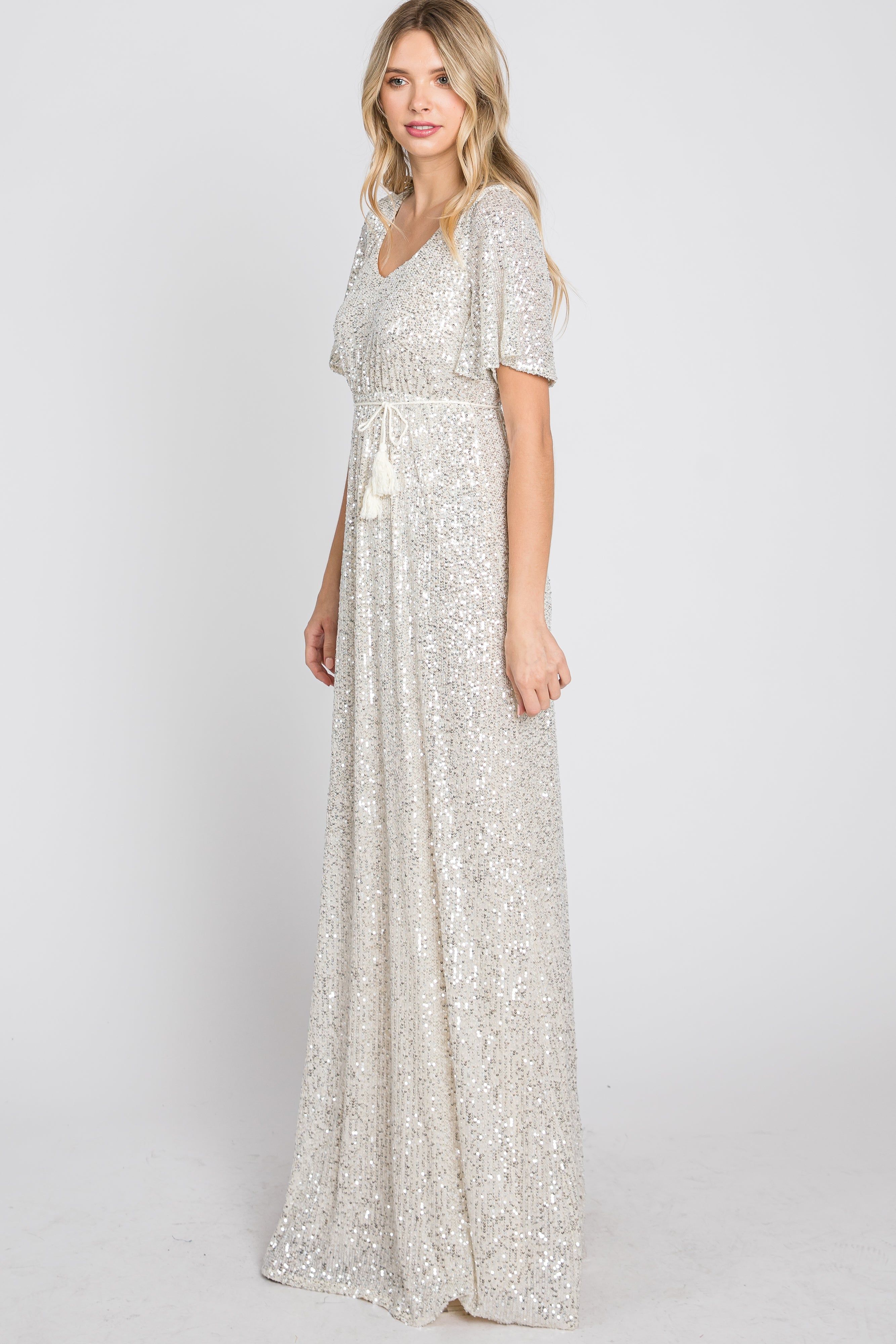Cream Sequin Short Sleeve Maxi Dress sold by Pinkblush product image thumbnail 4