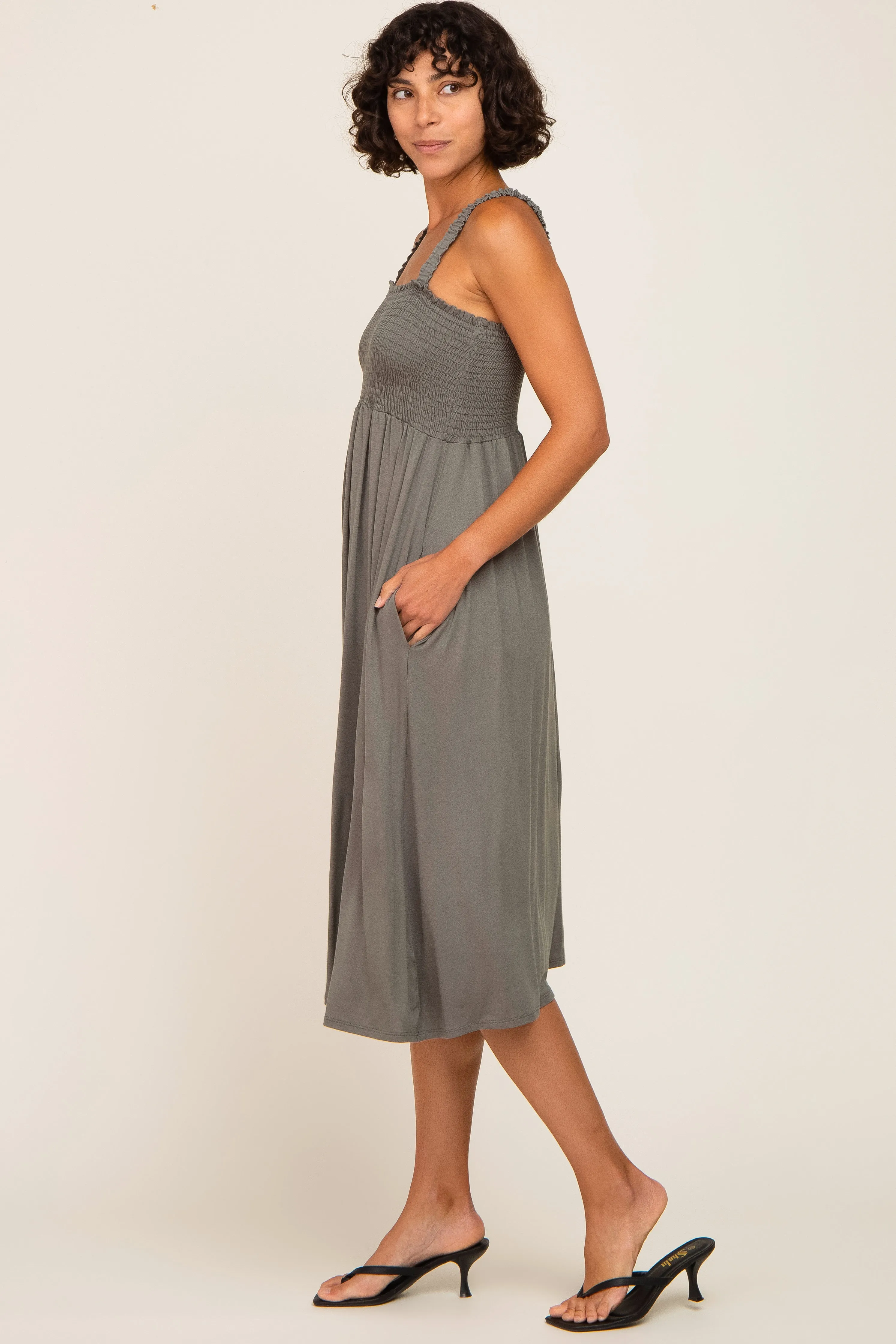 Olive Smocked Ruffle Strap Midi Dress sold by Pinkblush product image thumbnail 2