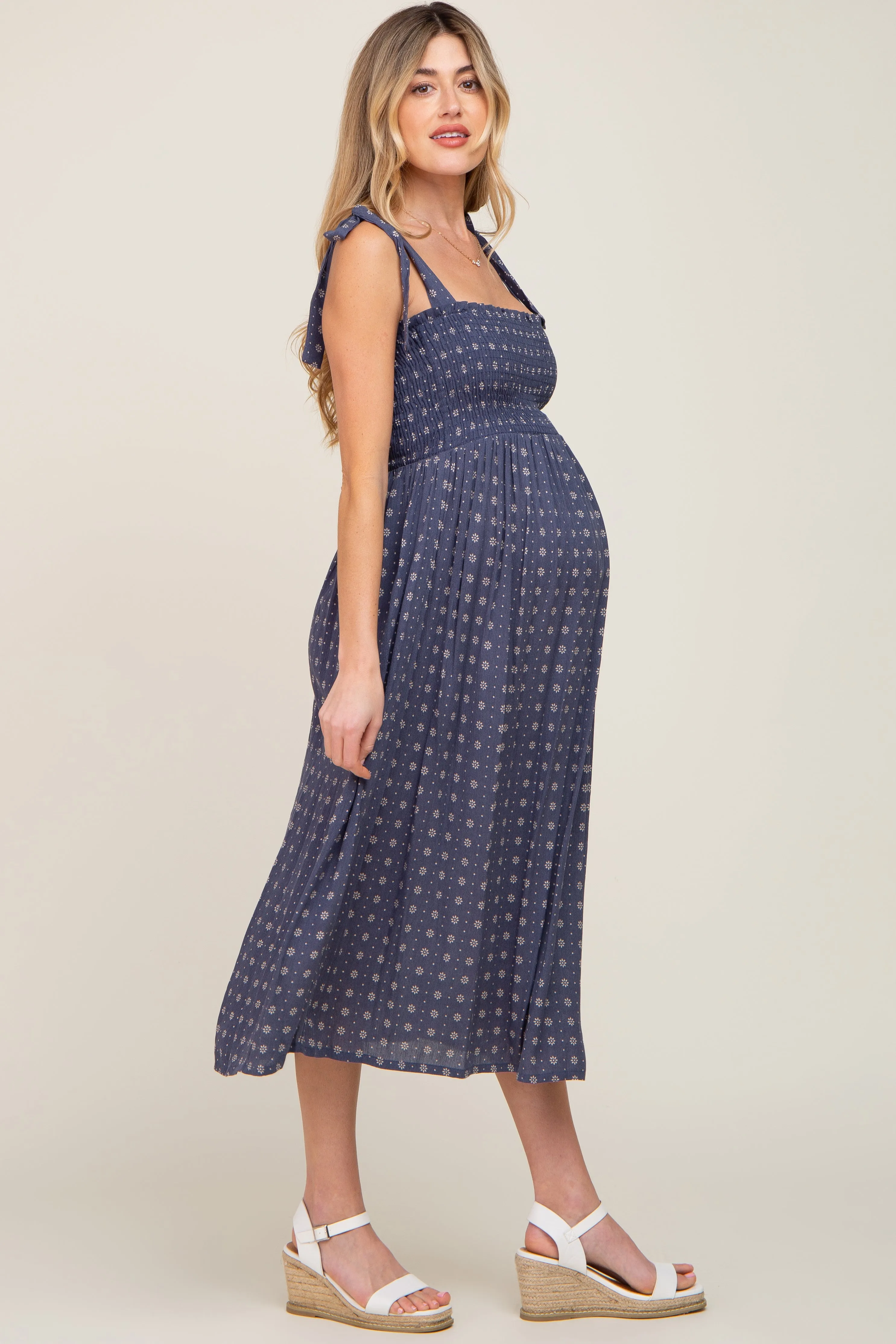 Navy Floral Sleeveless Maternity Midi Dress sold by Pinkblush product image thumbnail 2