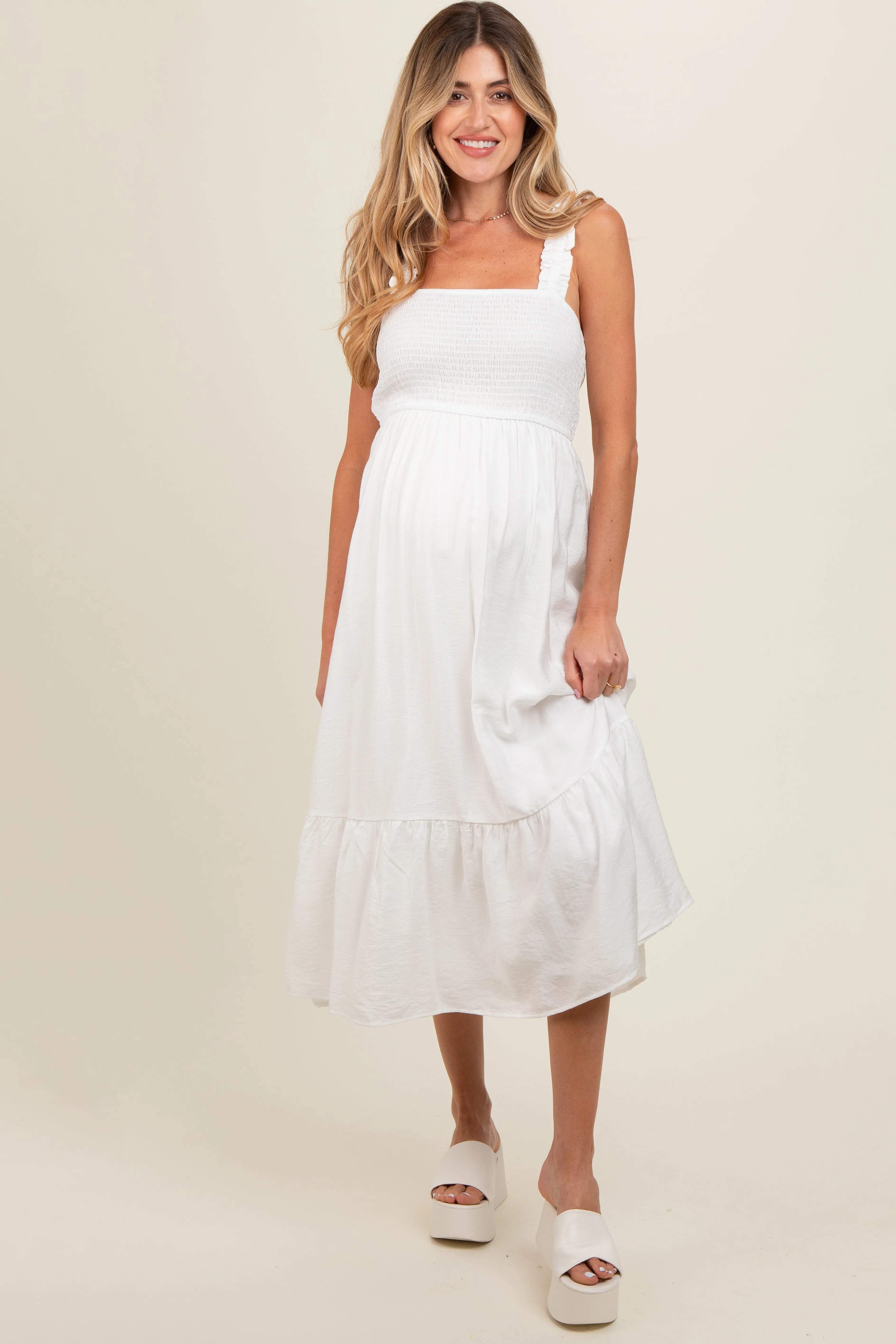 White Smocked Bodice Maternity Maxi Dress sold by Pinkblush product image thumbnail 2