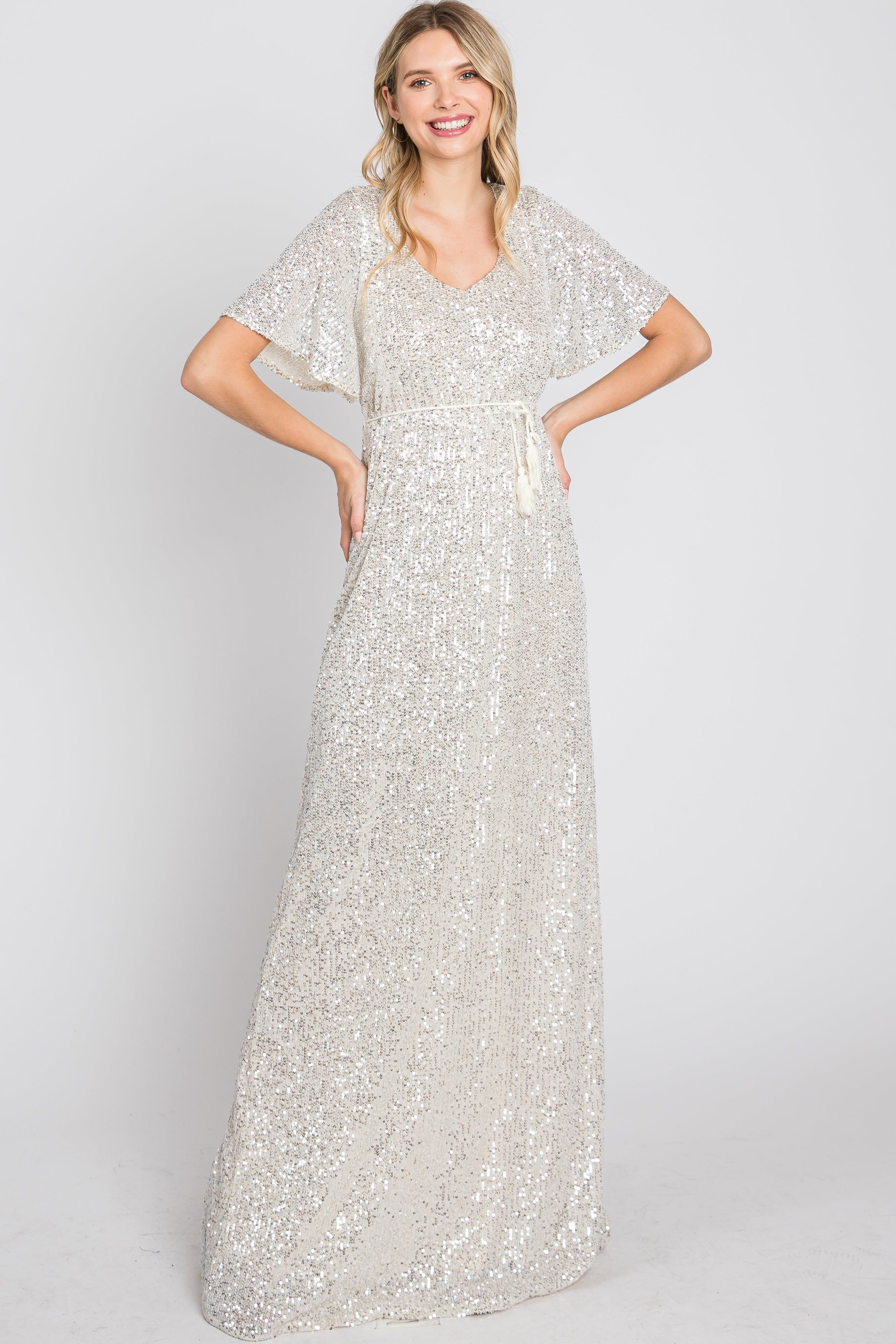 Cream Sequin Short Sleeve Maxi Dress sold by Pinkblush product image thumbnail 8