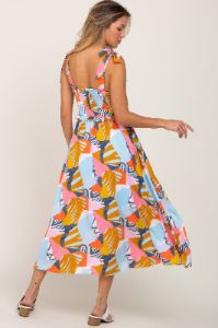 Yellow Multi-Colored Brush Stroke Printed Tie Strap Smocked Midi Dress sold by Pinkblush