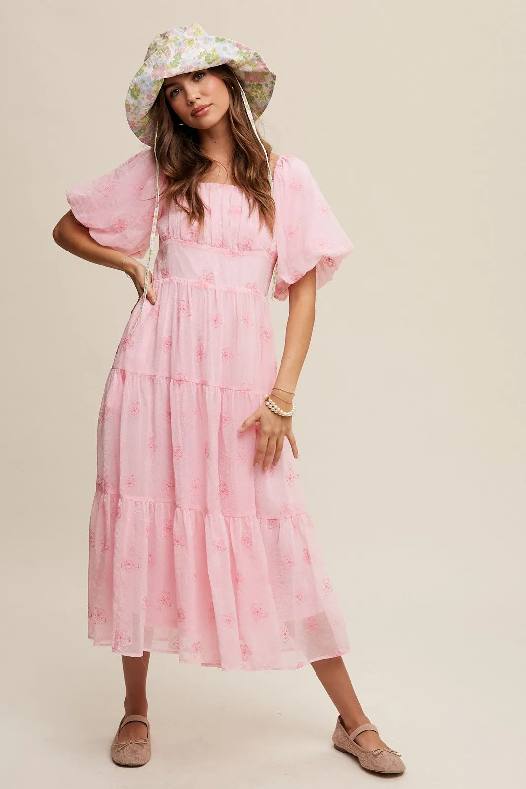 Pink Flower Embroidered Puff Sleeve Tiered Maxi Dress sold by Pinkblush