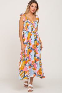 Yellow Multi-Colored Brush Stroke Printed Tie Strap Smocked Midi Dress sold by Pinkblush
