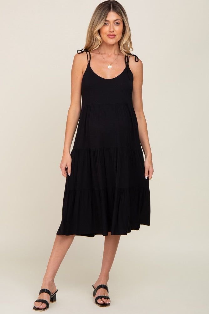 Black Sleeveless Tiered Maternity Midi Dress sold by Pinkblush product image thumbnail 4