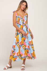 Yellow Multi-Colored Brush Stroke Printed Tie Strap Smocked Midi Dress sold by Pinkblush