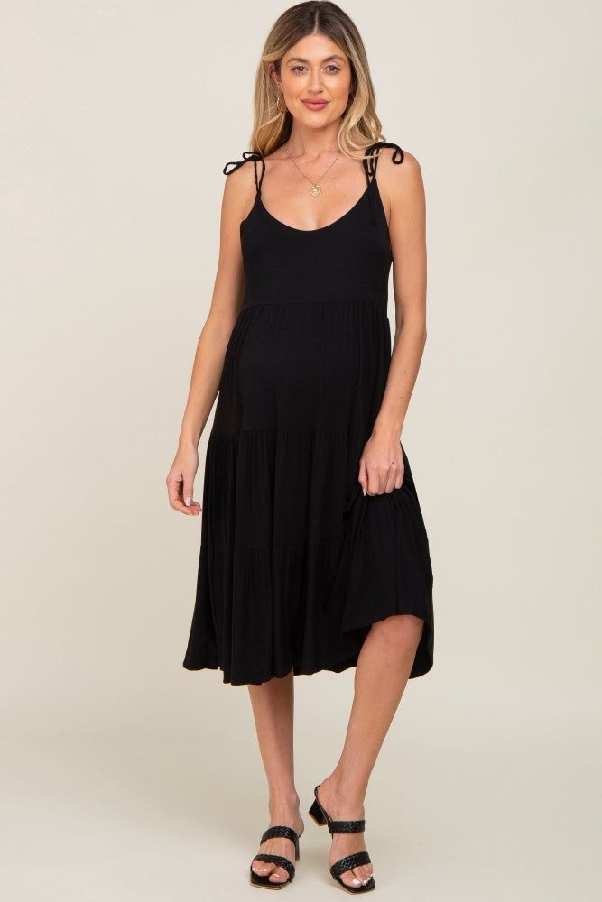 Black Sleeveless Tiered Maternity Midi Dress sold by Pinkblush