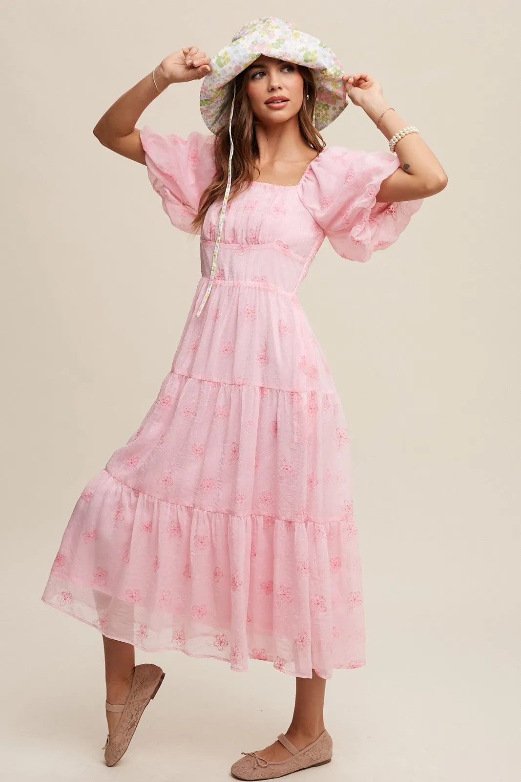 Pink Flower Embroidered Puff Sleeve Tiered Maxi Dress sold by Pinkblush product image thumbnail 2