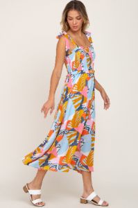 Yellow Multi-Colored Brush Stroke Printed Tie Strap Smocked Midi Dress sold by Pinkblush
