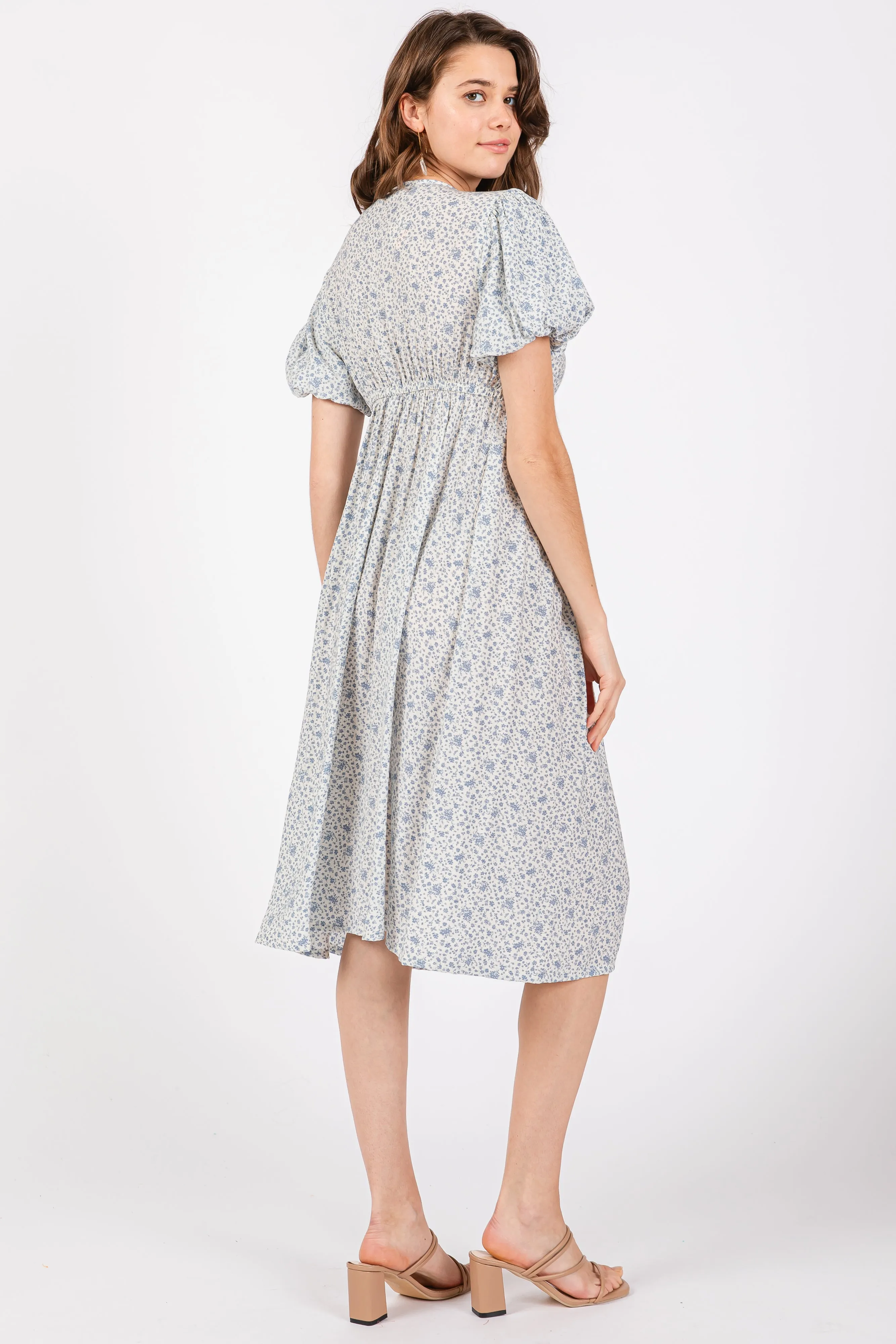 Light Blue Floral Puff Sleeve Midi Dress sold by Pinkblush product image thumbnail 3