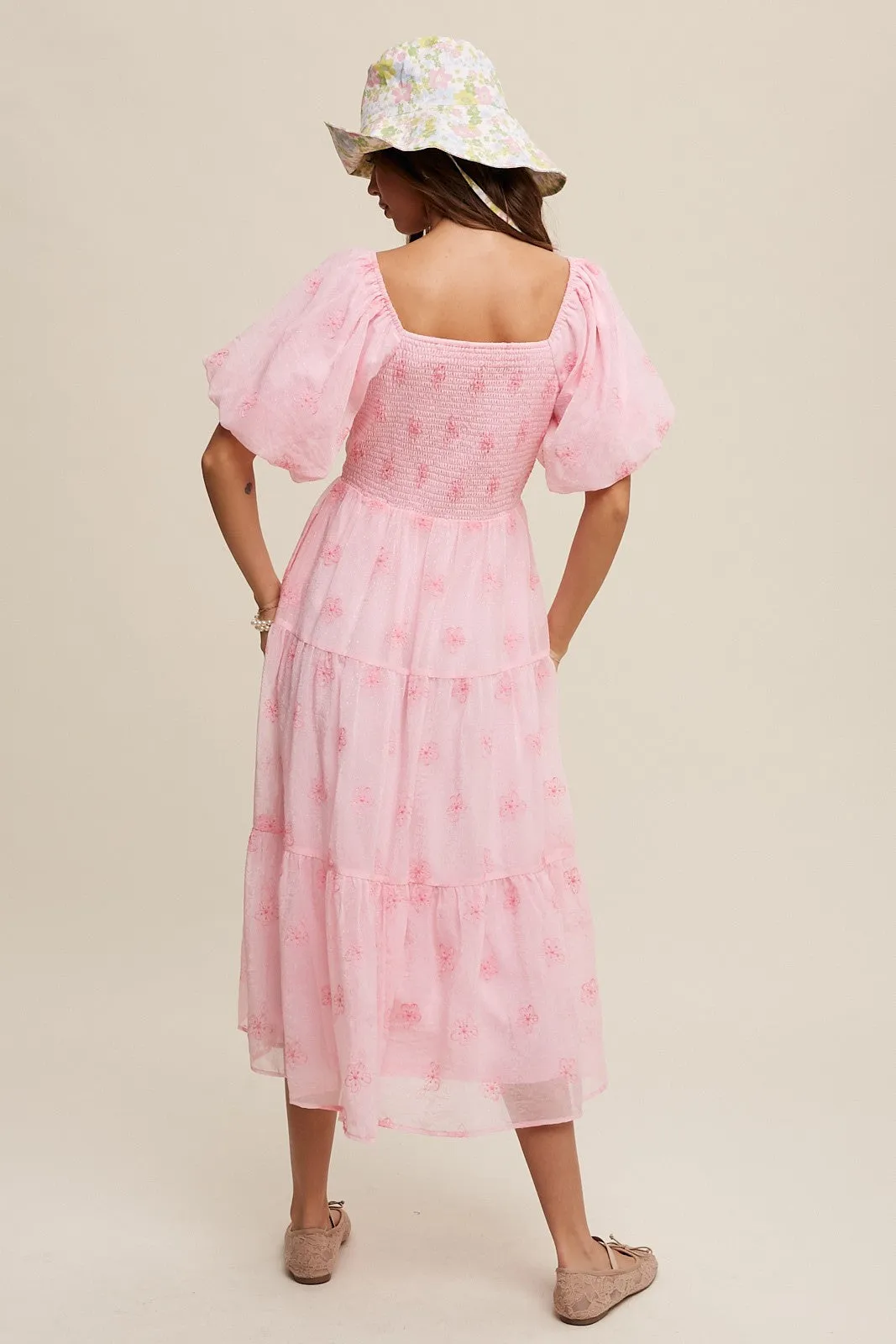 Pink Flower Embroidered Puff Sleeve Tiered Maxi Dress sold by Pinkblush product image thumbnail 3