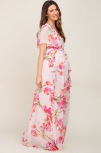 Pink Tulip Floral Chiffon Wrap Front Short Sleeve Maternity Maxi Dress sold by Pinkblush