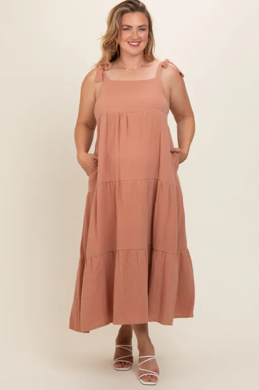 Peach Sleeveless Tiered Plus Maternity Maxi Dress sold by Pinkblush