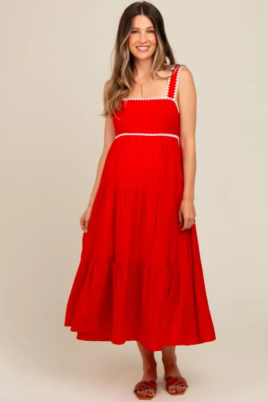Red Scallop Trim Tiered Maternity Midi Dress sold by Pinkblush
