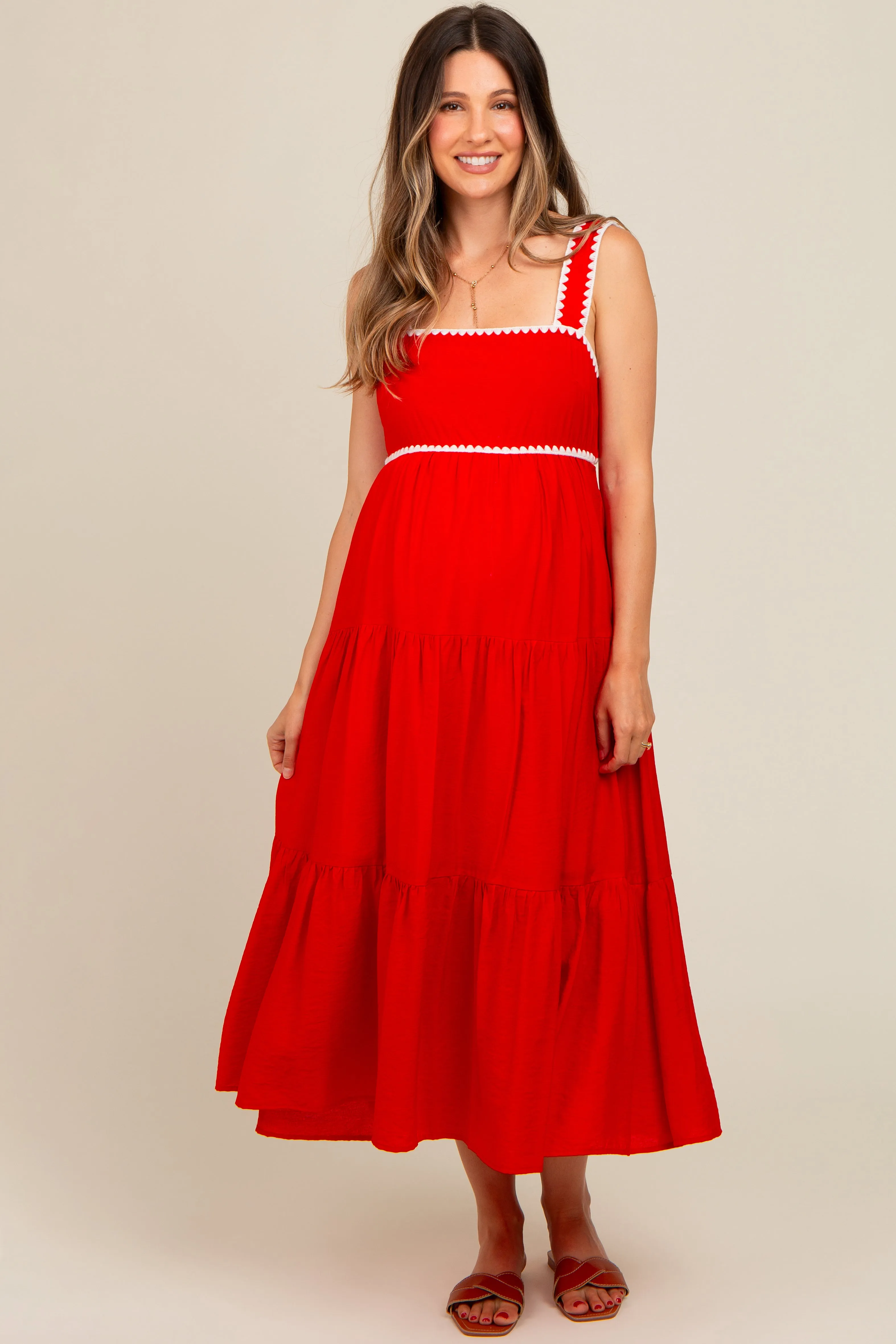 Red Scallop Trim Tiered Maternity Midi Dress sold by Pinkblush