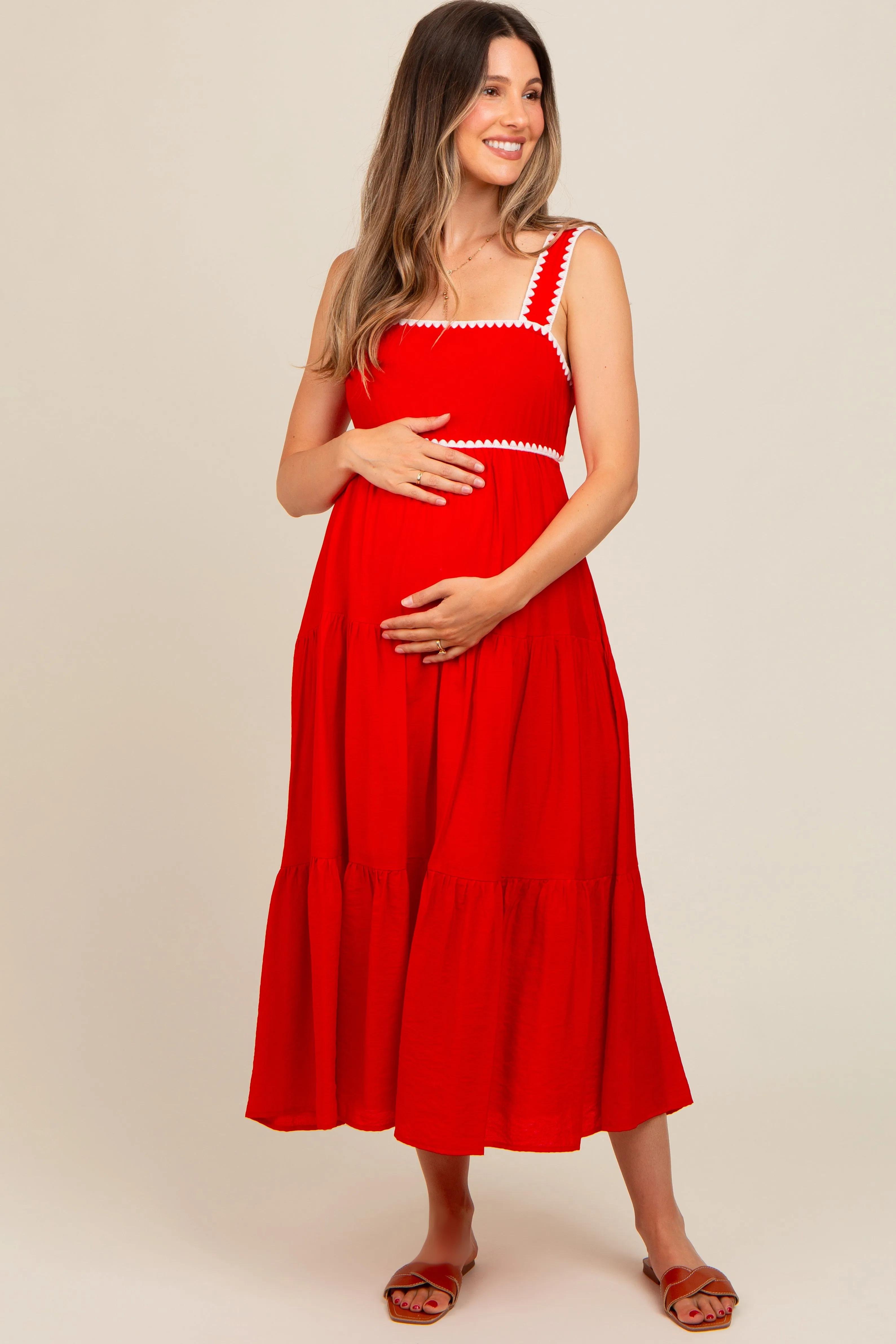 Red Scallop Trim Tiered Maternity Midi Dress sold by Pinkblush product image thumbnail 2