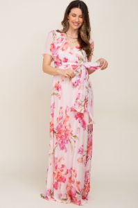 Pink Tulip Floral Chiffon Wrap Front Short Sleeve Maternity Maxi Dress sold by Pinkblush