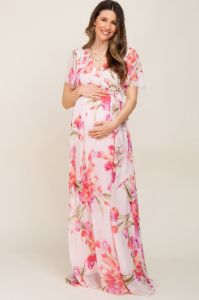 Pink Tulip Floral Chiffon Wrap Front Short Sleeve Maternity Maxi Dress sold by Pinkblush