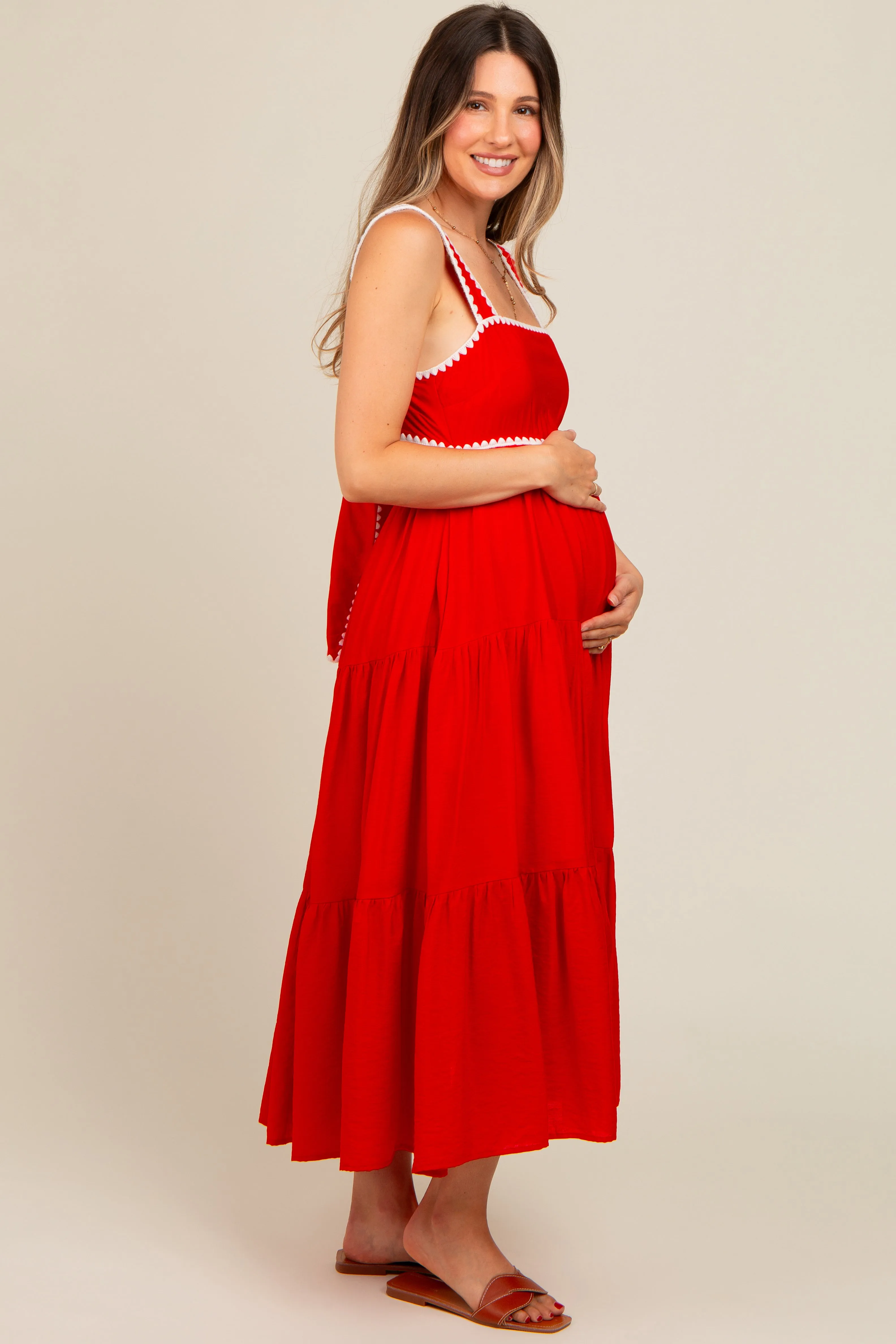 Red Scallop Trim Tiered Maternity Midi Dress sold by Pinkblush product image thumbnail 3