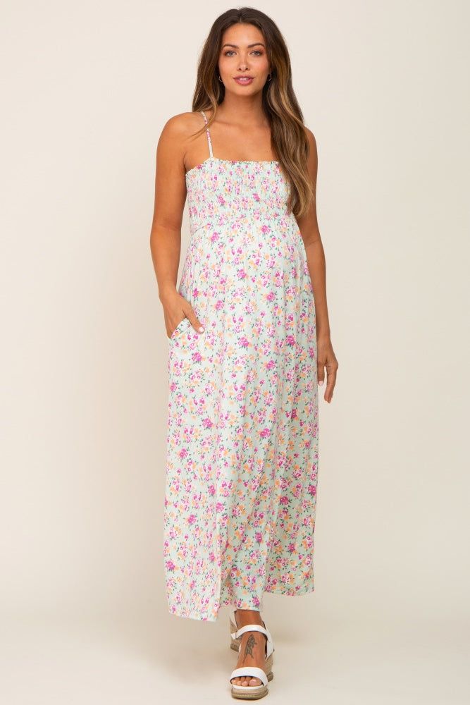 Light Olive Square Neck Smocked Maternity Midi Dress sold by Pinkblush product image thumbnail 4