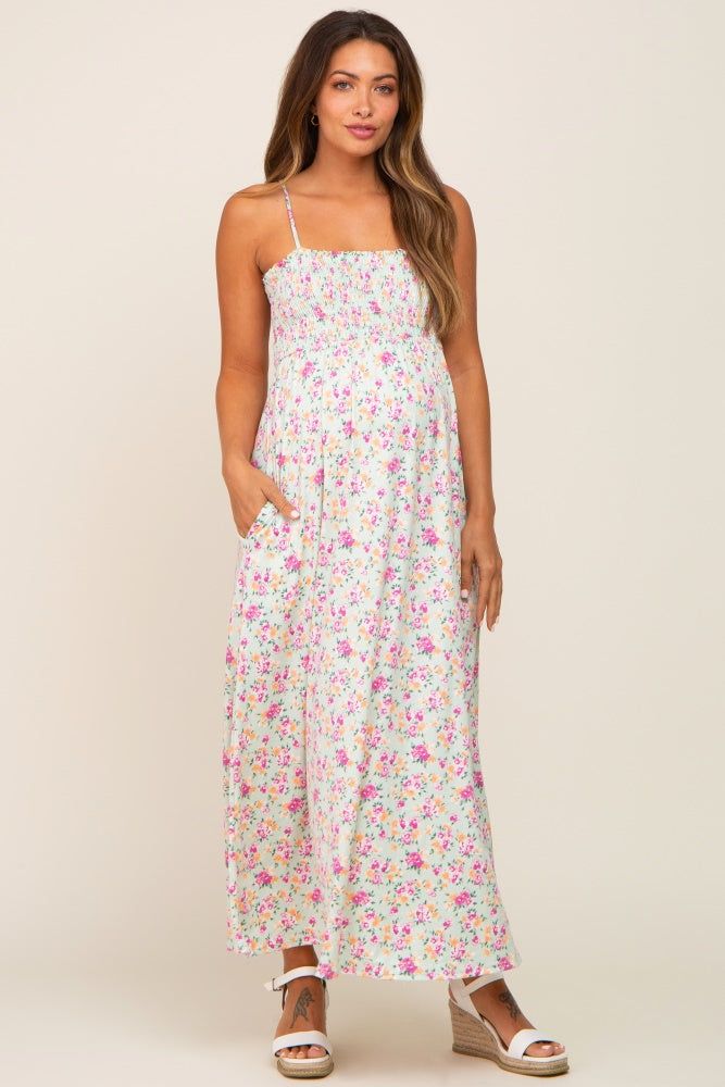 Light Olive Square Neck Smocked Maternity Midi Dress sold by Pinkblush