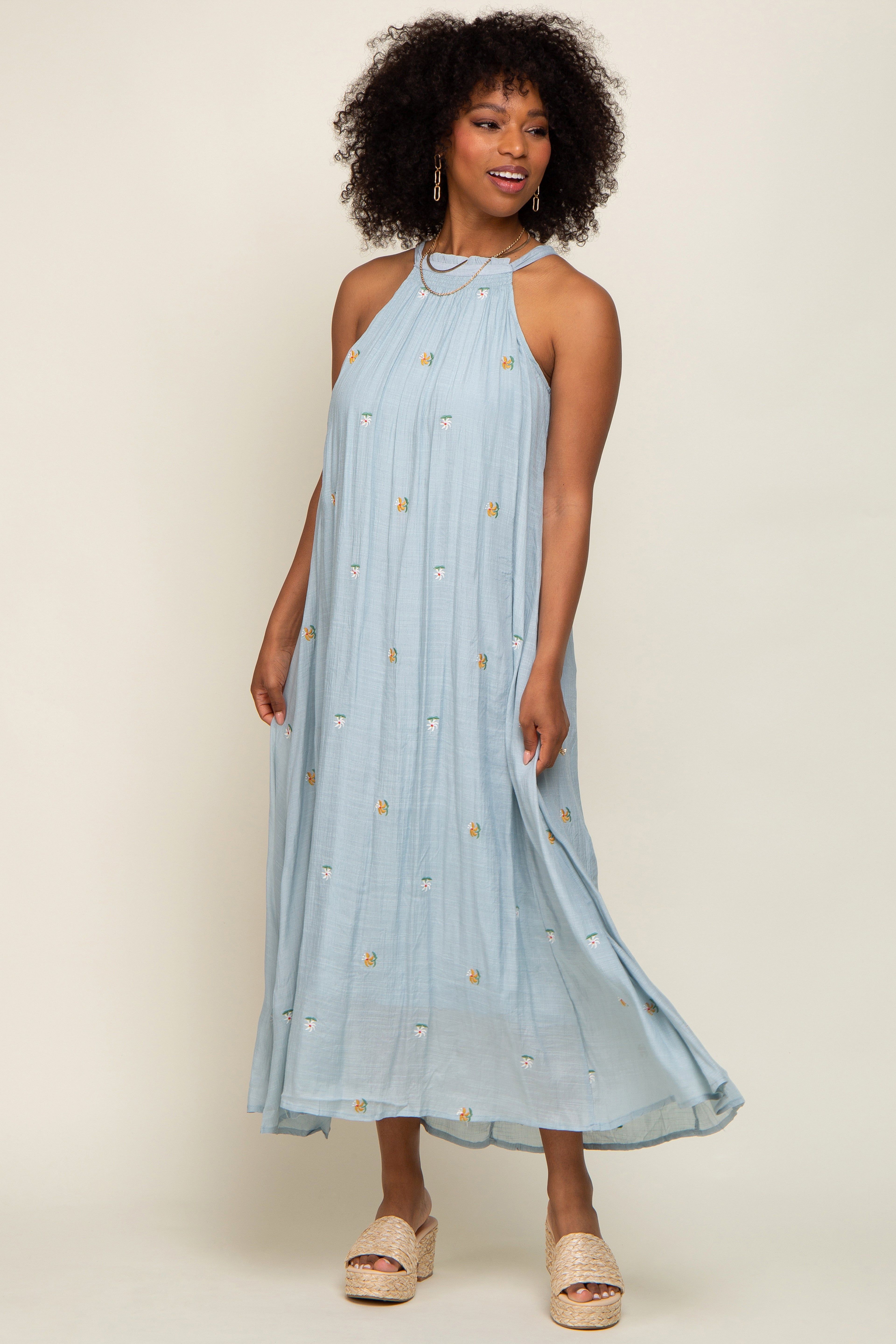 Light Blue Floral Embroidered Smocked Halter Midi Dress sold by Pinkblush
