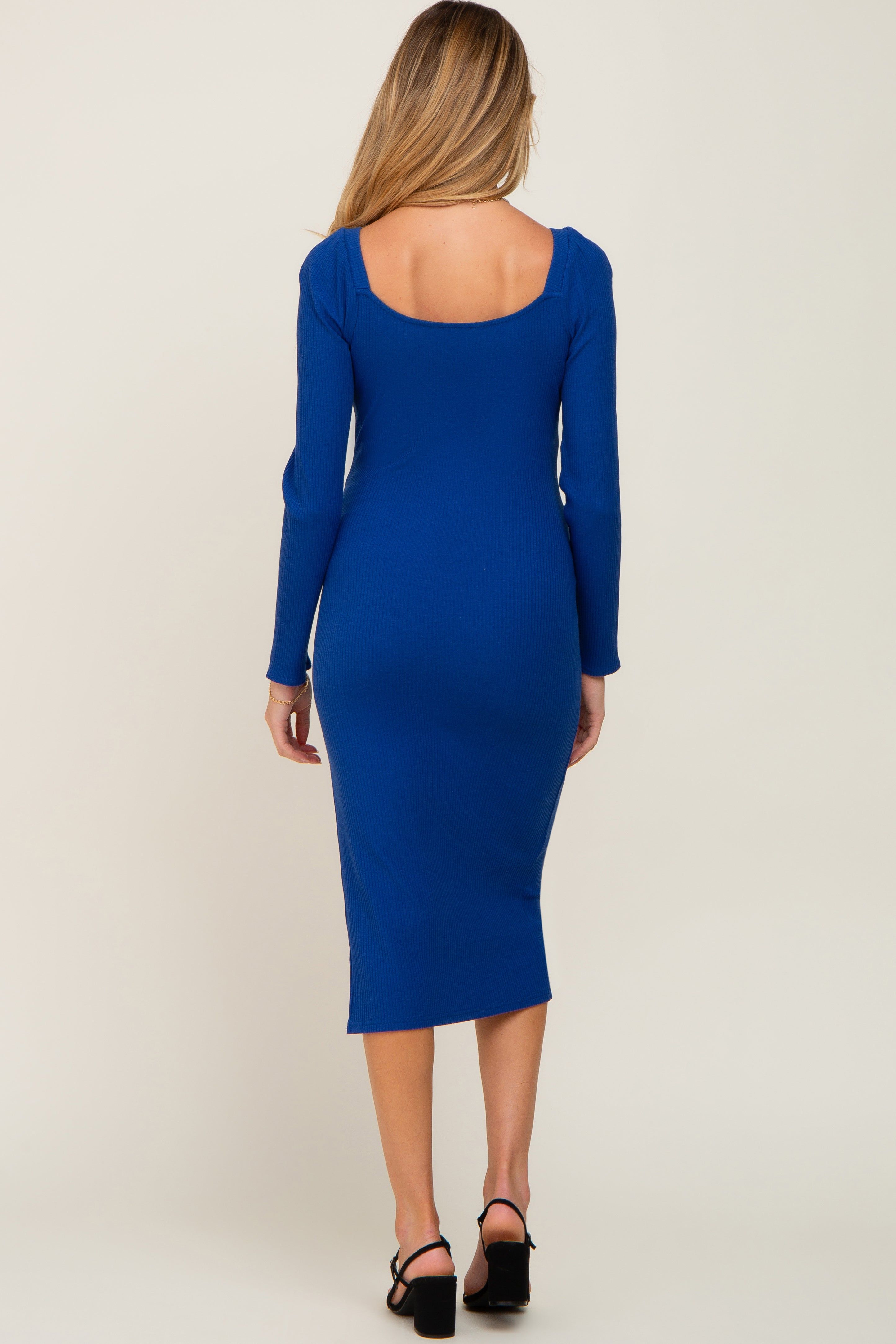 Royal Ribbed Long Puff Sleeve Maternity Midi Dress sold by Pinkblush product image thumbnail 3