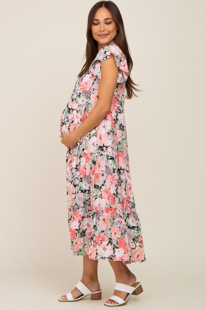 Black Floral Button Front Ruffle Sleeve Tiered Maternity Midi Dress sold by Pinkblush product image thumbnail 2