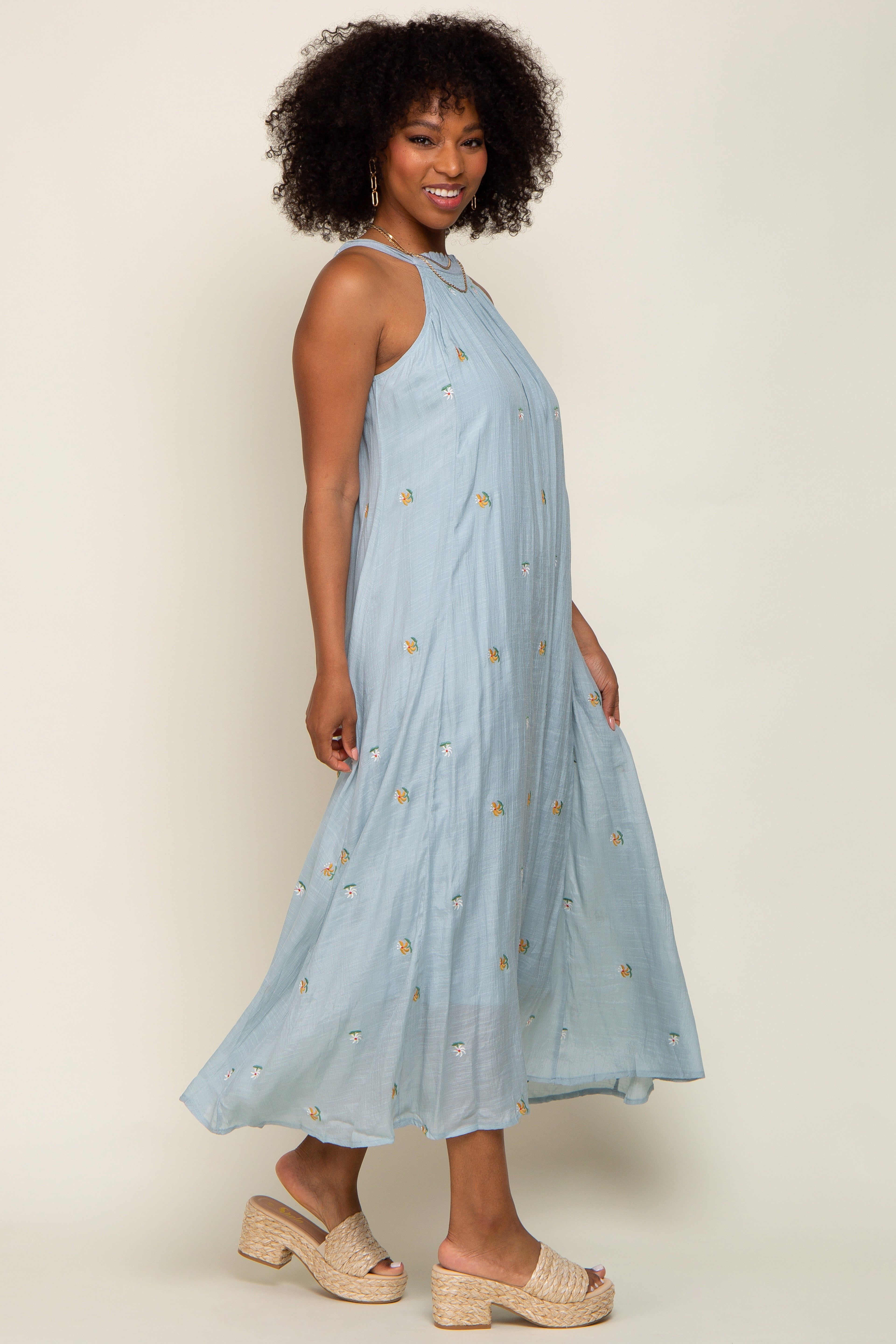 Light Blue Floral Embroidered Smocked Halter Midi Dress sold by Pinkblush product image thumbnail 2