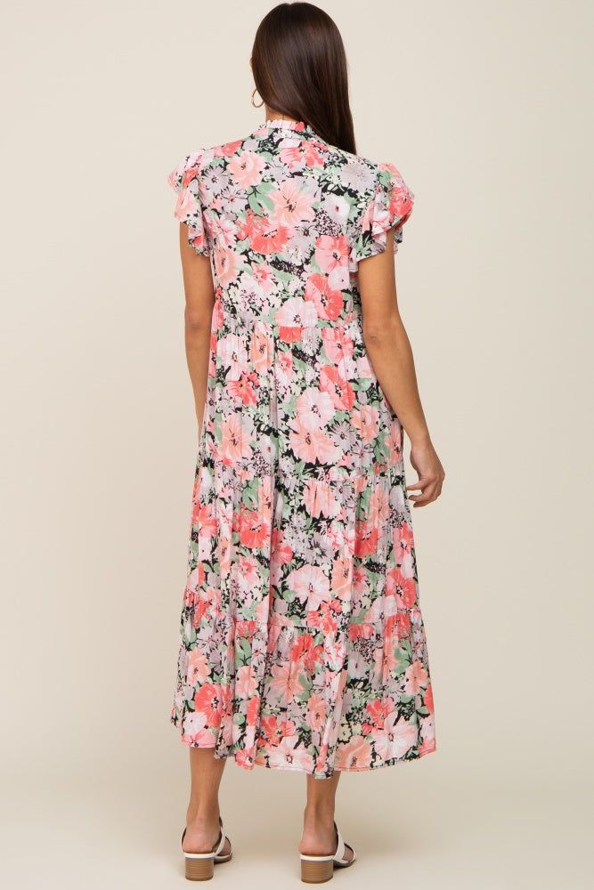Black Floral Button Front Ruffle Sleeve Tiered Maternity Midi Dress sold by Pinkblush product image thumbnail 3