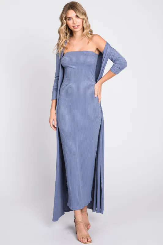 Blue Ribbed Sleeveless Dress Cardigan Set sold by Pinkblush
